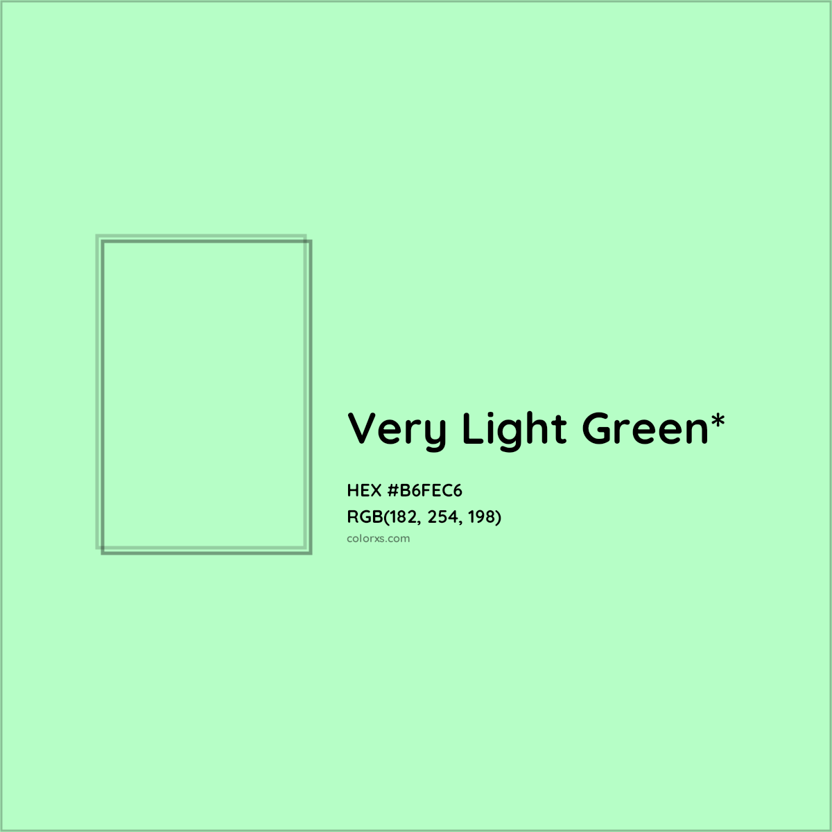 #B6FEC6 hex color. RGB, RYB, CMYK, HSL, HSV codes and color conversions. Matching color names, palettes, paints.