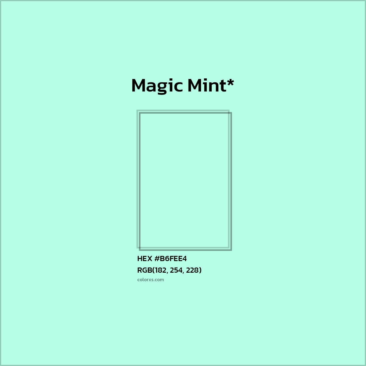 #B6FEE4 hex color. RGB, RYB, CMYK, HSL, HSV codes and color conversions. Matching color names, palettes, paints.