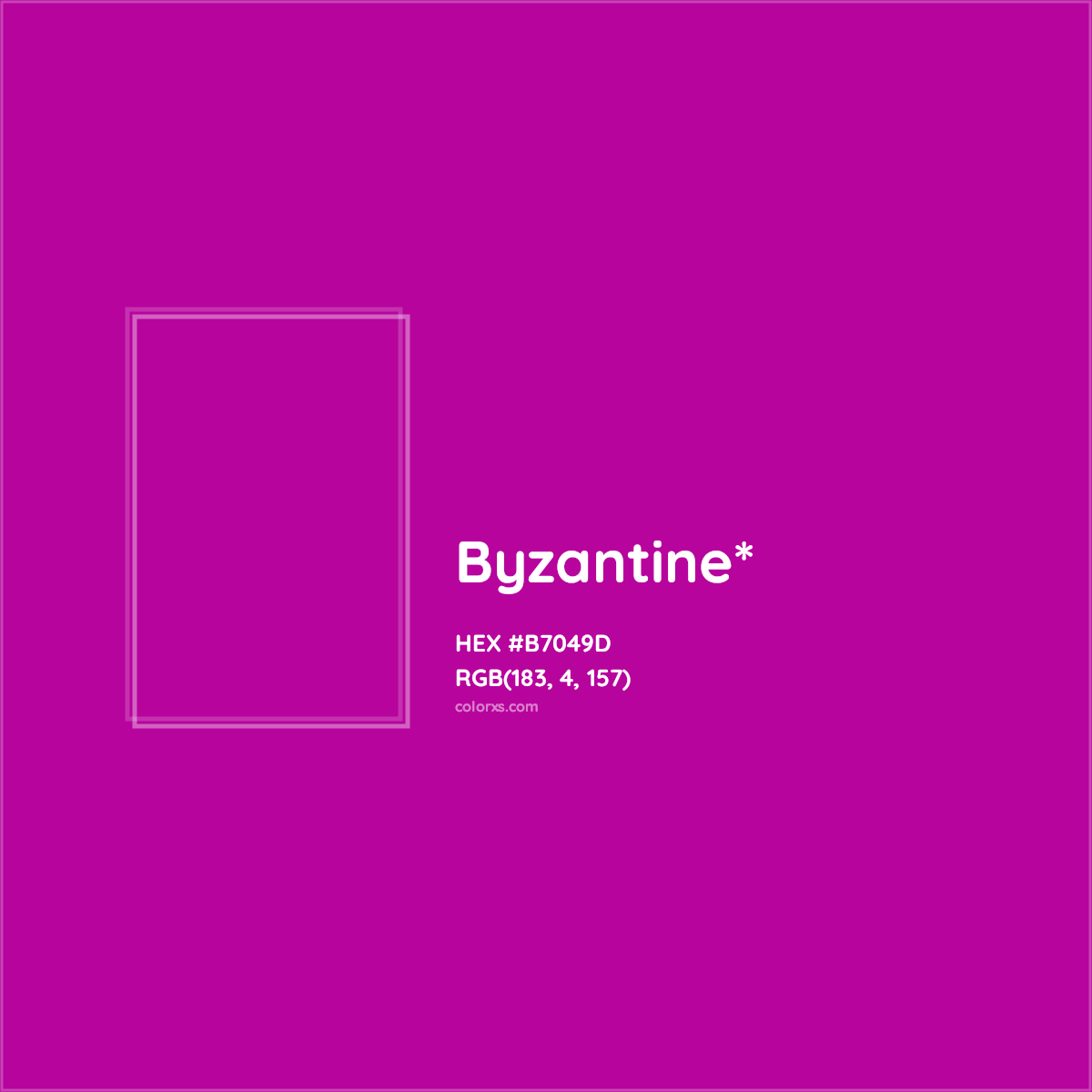 #B7049D hex color. RGB, RYB, CMYK, HSL, HSV codes and color conversions. Matching color names, palettes, paints.