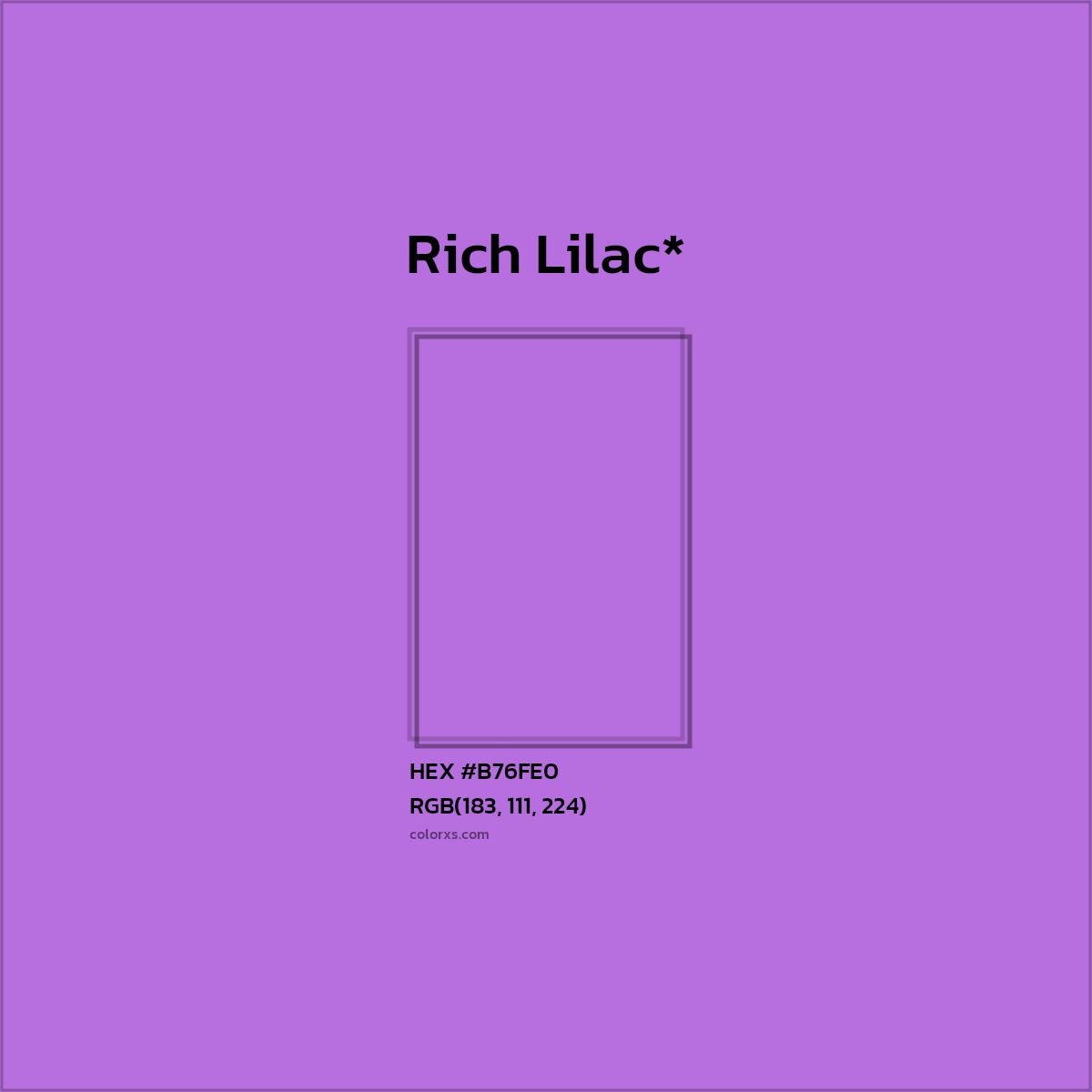#B76FE0 hex color. RGB, RYB, CMYK, HSL, HSV codes and color conversions. Matching color names, palettes, paints.