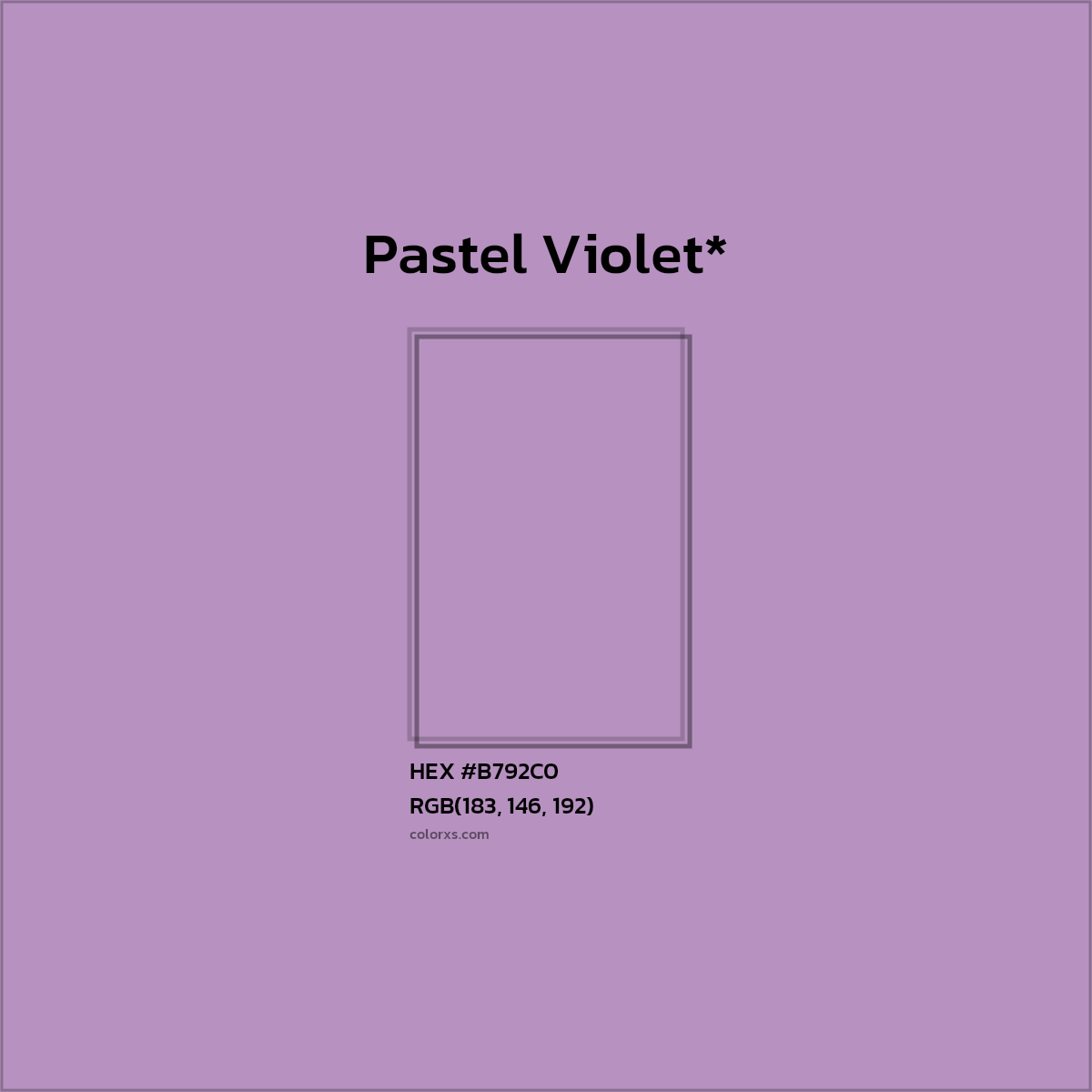 #B792C0 hex color. RGB, RYB, CMYK, HSL, HSV codes and color conversions. Matching color names, palettes, paints.