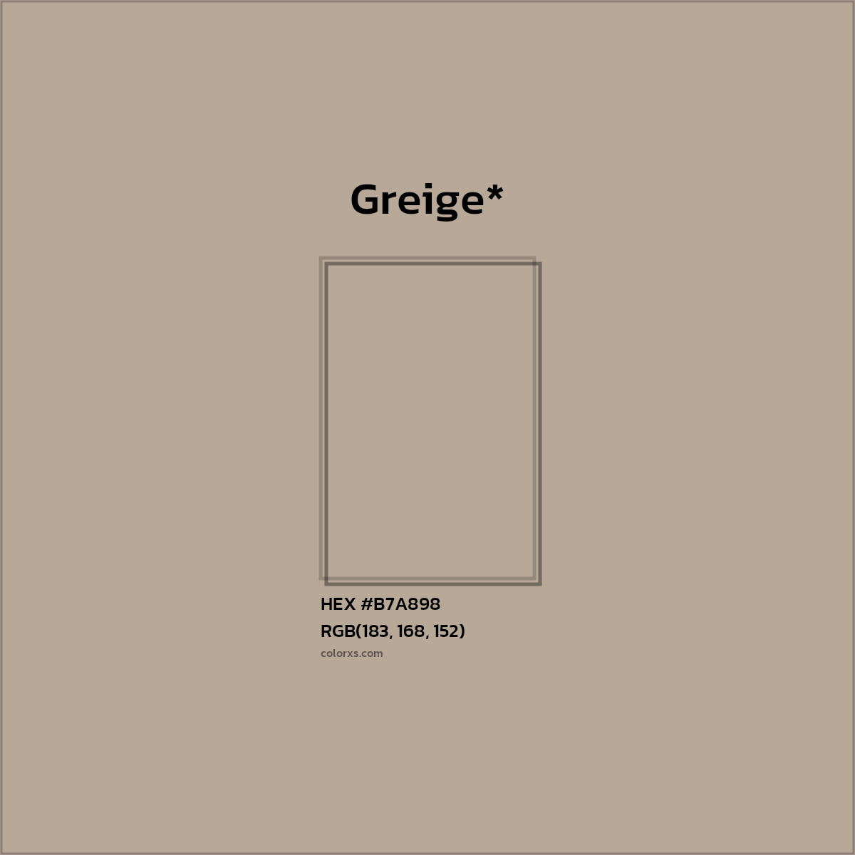 #B7A898 hex color. RGB, RYB, CMYK, HSL, HSV codes and color conversions. Matching color names, palettes, paints.