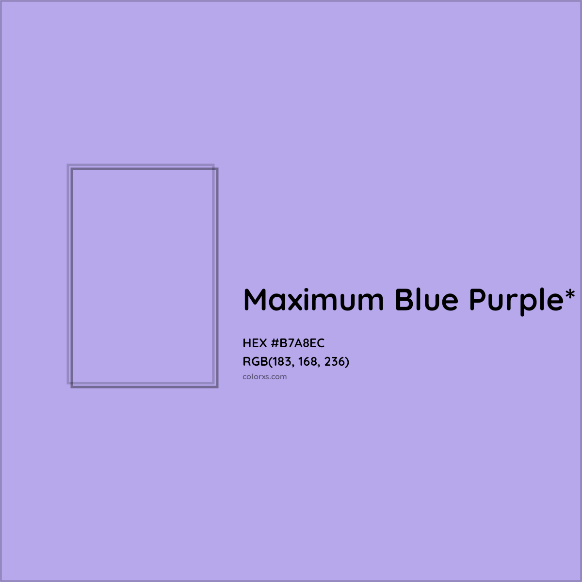 #B7A8EC hex color. RGB, RYB, CMYK, HSL, HSV codes and color conversions. Matching color names, palettes, paints.