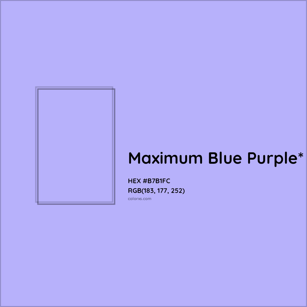 #B7B1FC hex color. RGB, RYB, CMYK, HSL, HSV codes and color conversions. Matching color names, palettes, paints.