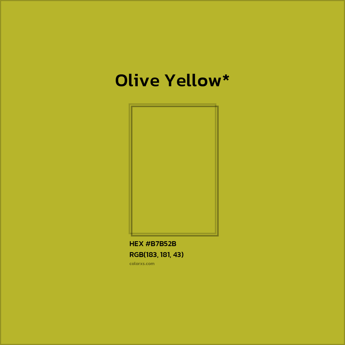 #B7B52B hex color. RGB, RYB, CMYK, HSL, HSV codes and color conversions. Matching color names, palettes, paints.