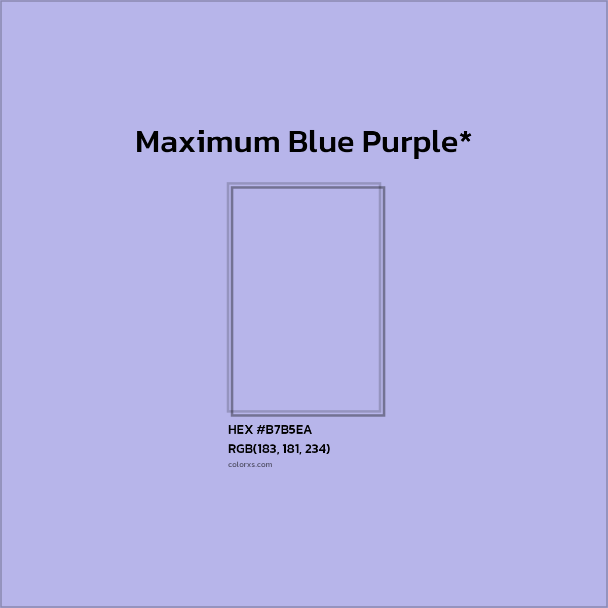 #B7B5EA hex color. RGB, RYB, CMYK, HSL, HSV codes and color conversions. Matching color names, palettes, paints.