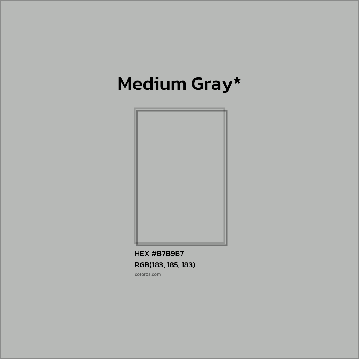 #B7B9B7 hex color. RGB, RYB, CMYK, HSL, HSV codes and color conversions. Matching color names, palettes, paints.