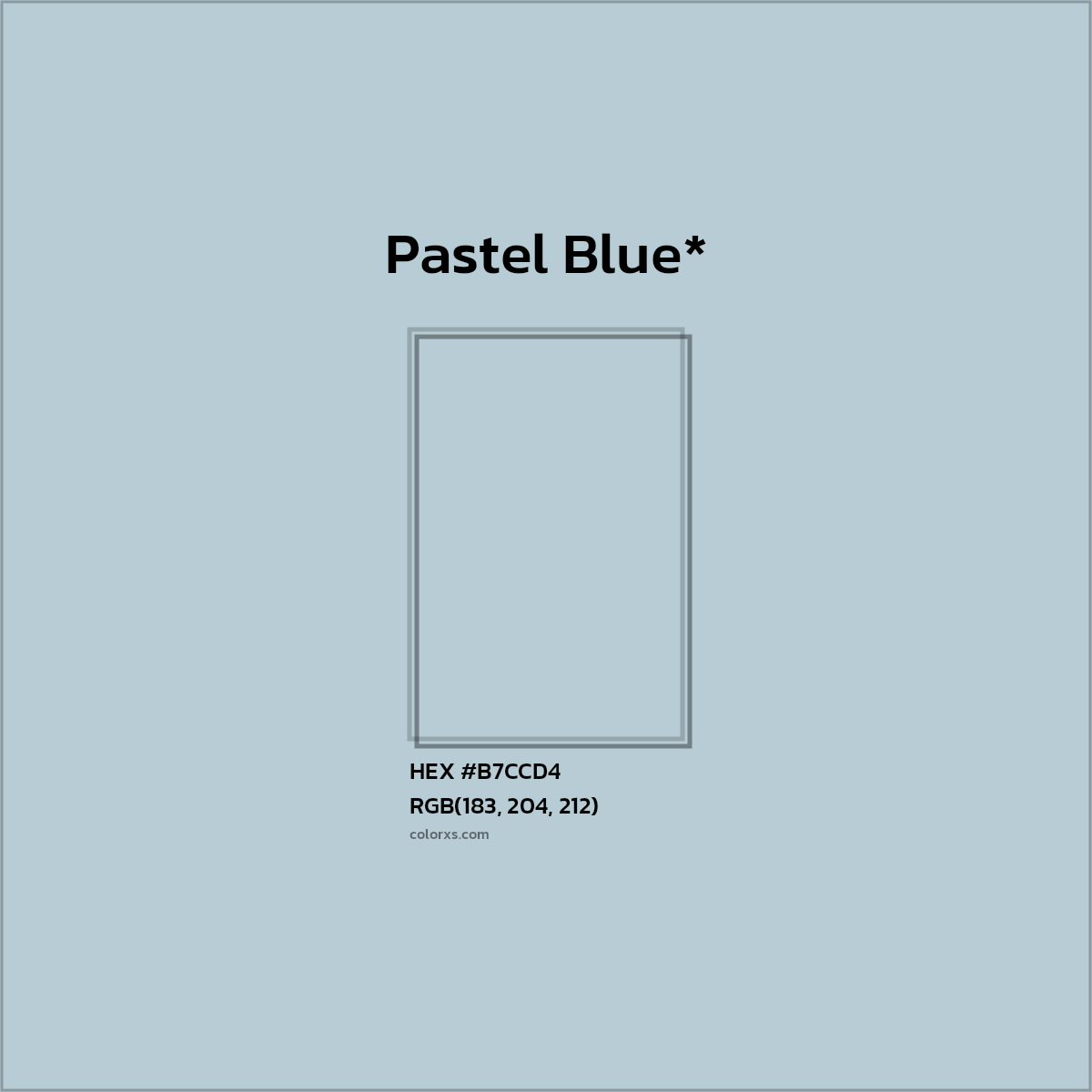 #B7CCD4 hex color. RGB, RYB, CMYK, HSL, HSV codes and color conversions. Matching color names, palettes, paints.