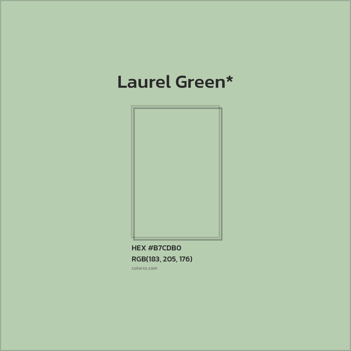 #B7CDB0 hex color. RGB, RYB, CMYK, HSL, HSV codes and color conversions. Matching color names, palettes, paints.