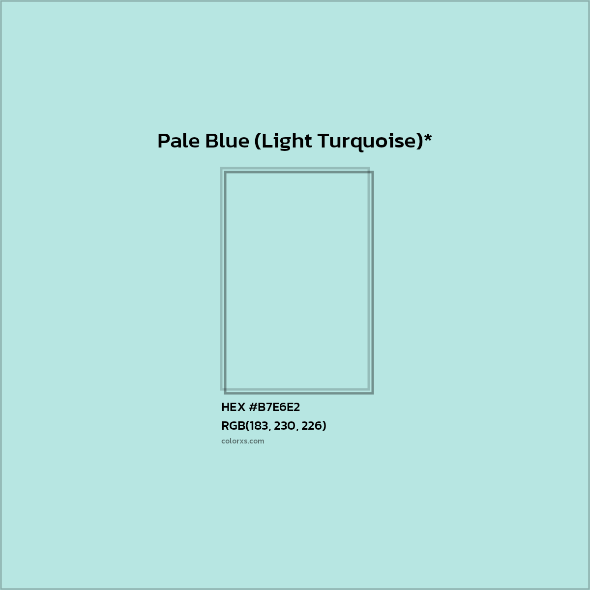 #B7E6E2 hex color. RGB, RYB, CMYK, HSL, HSV codes and color conversions. Matching color names, palettes, paints.