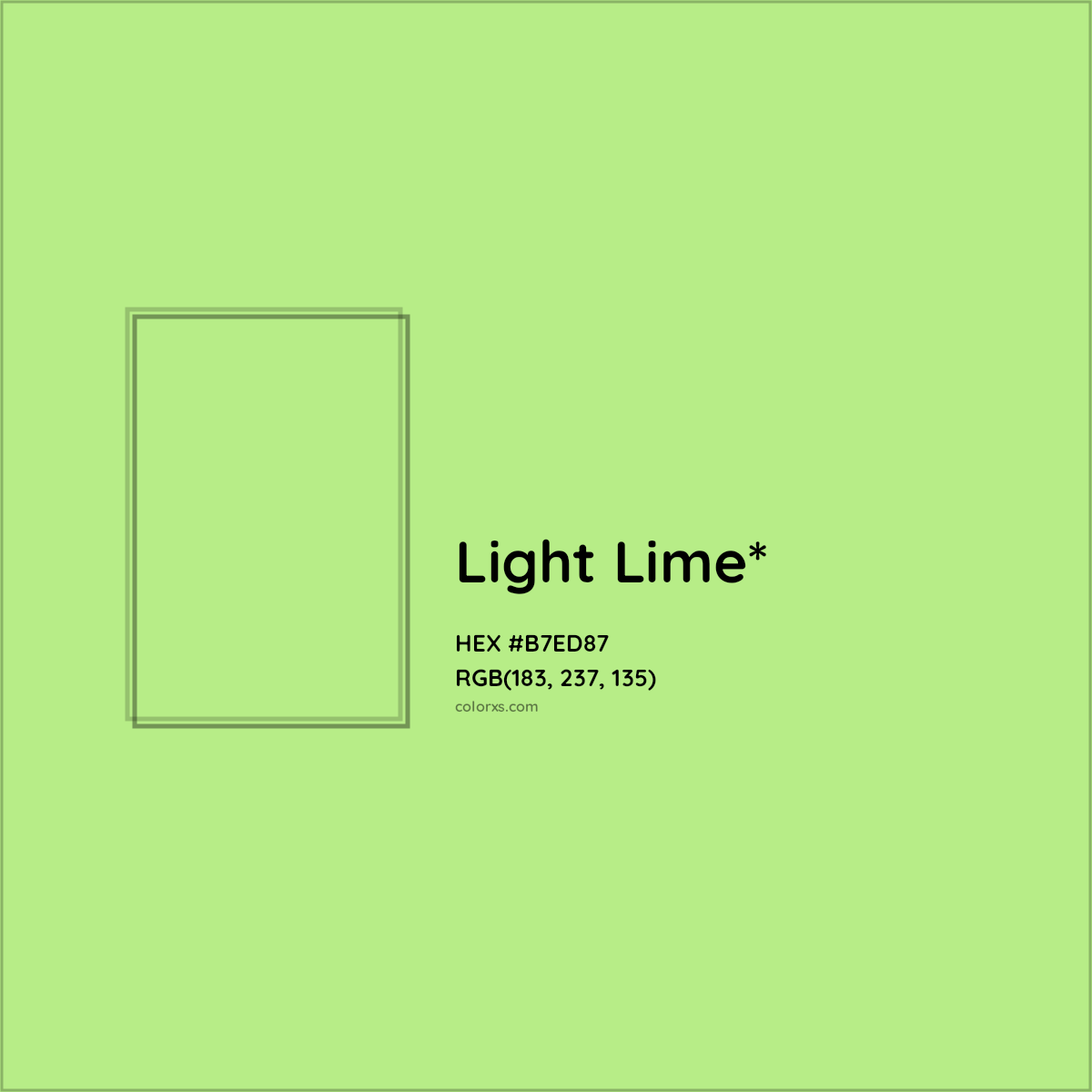 #B7ED87 hex color. RGB, RYB, CMYK, HSL, HSV codes and color conversions. Matching color names, palettes, paints.