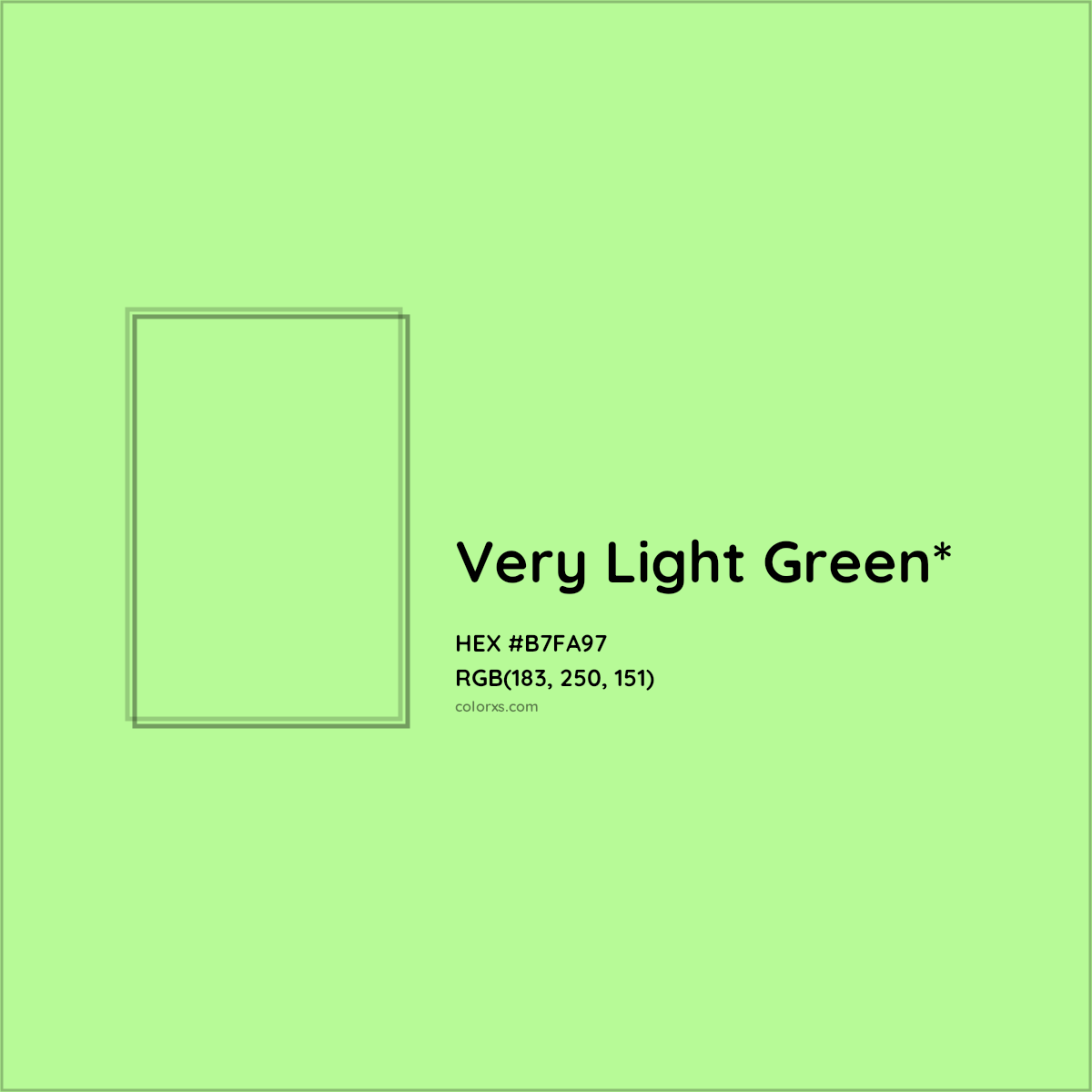 #B7FA97 hex color. RGB, RYB, CMYK, HSL, HSV codes and color conversions. Matching color names, palettes, paints.