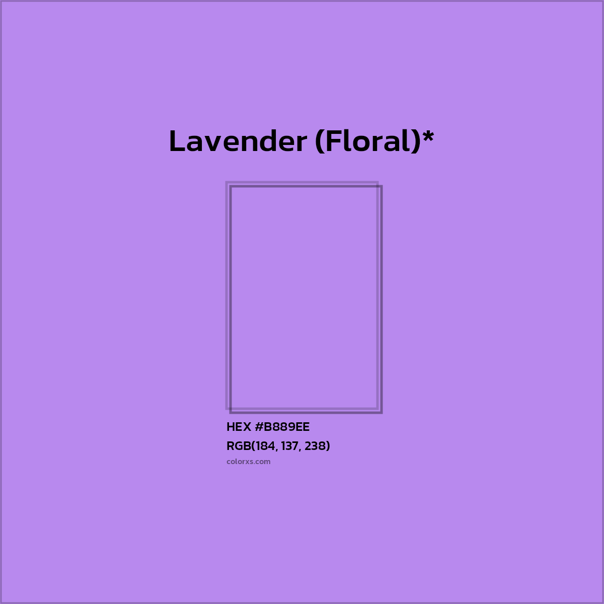 #B889EE hex color. RGB, RYB, CMYK, HSL, HSV codes and color conversions. Matching color names, palettes, paints.