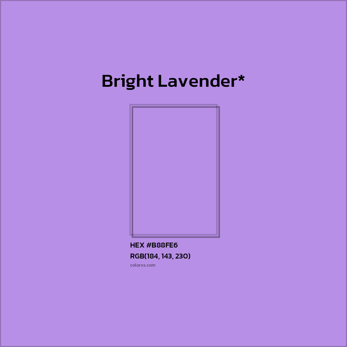 #B88FE6 hex color. RGB, RYB, CMYK, HSL, HSV codes and color conversions. Matching color names, palettes, paints.