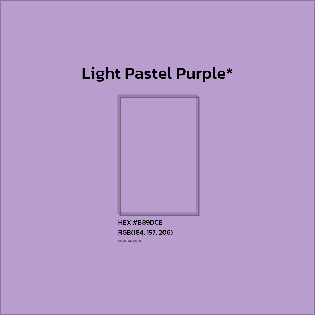 #B89DCE hex color. RGB, RYB, CMYK, HSL, HSV codes and color conversions. Matching color names, palettes, paints.