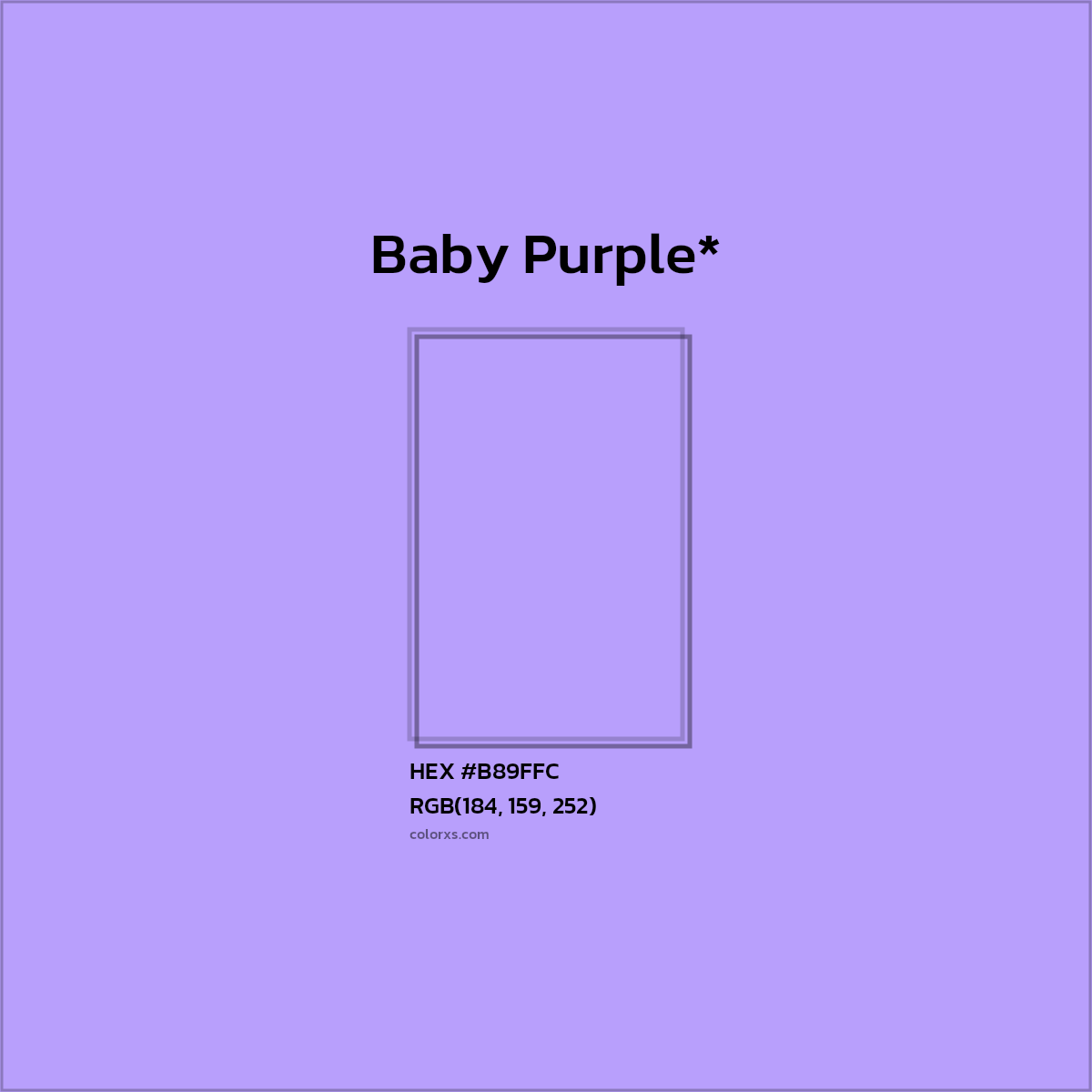 #B89FFC hex color. RGB, RYB, CMYK, HSL, HSV codes and color conversions. Matching color names, palettes, paints.