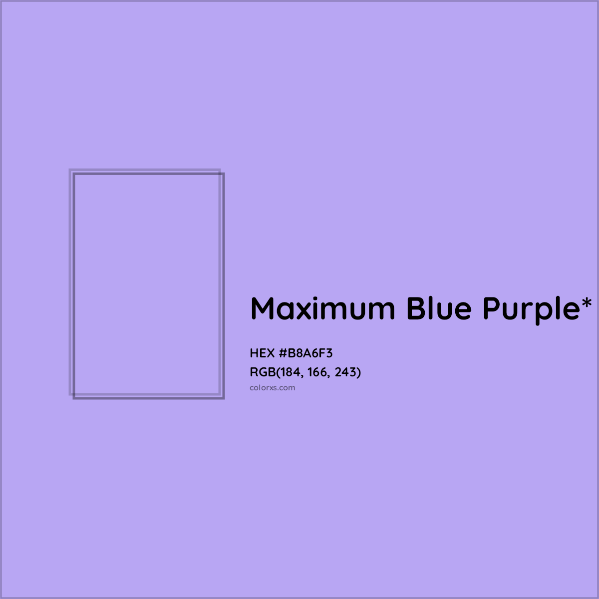 #B8A6F3 hex color. RGB, RYB, CMYK, HSL, HSV codes and color conversions. Matching color names, palettes, paints.
