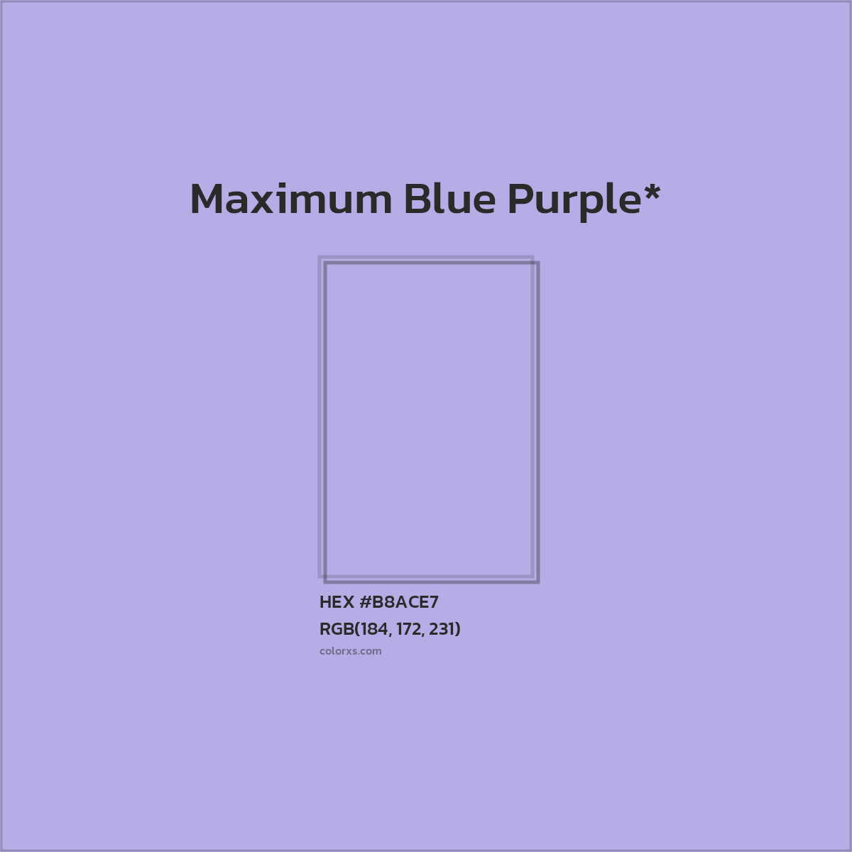 #B8ACE7 hex color. RGB, RYB, CMYK, HSL, HSV codes and color conversions. Matching color names, palettes, paints.