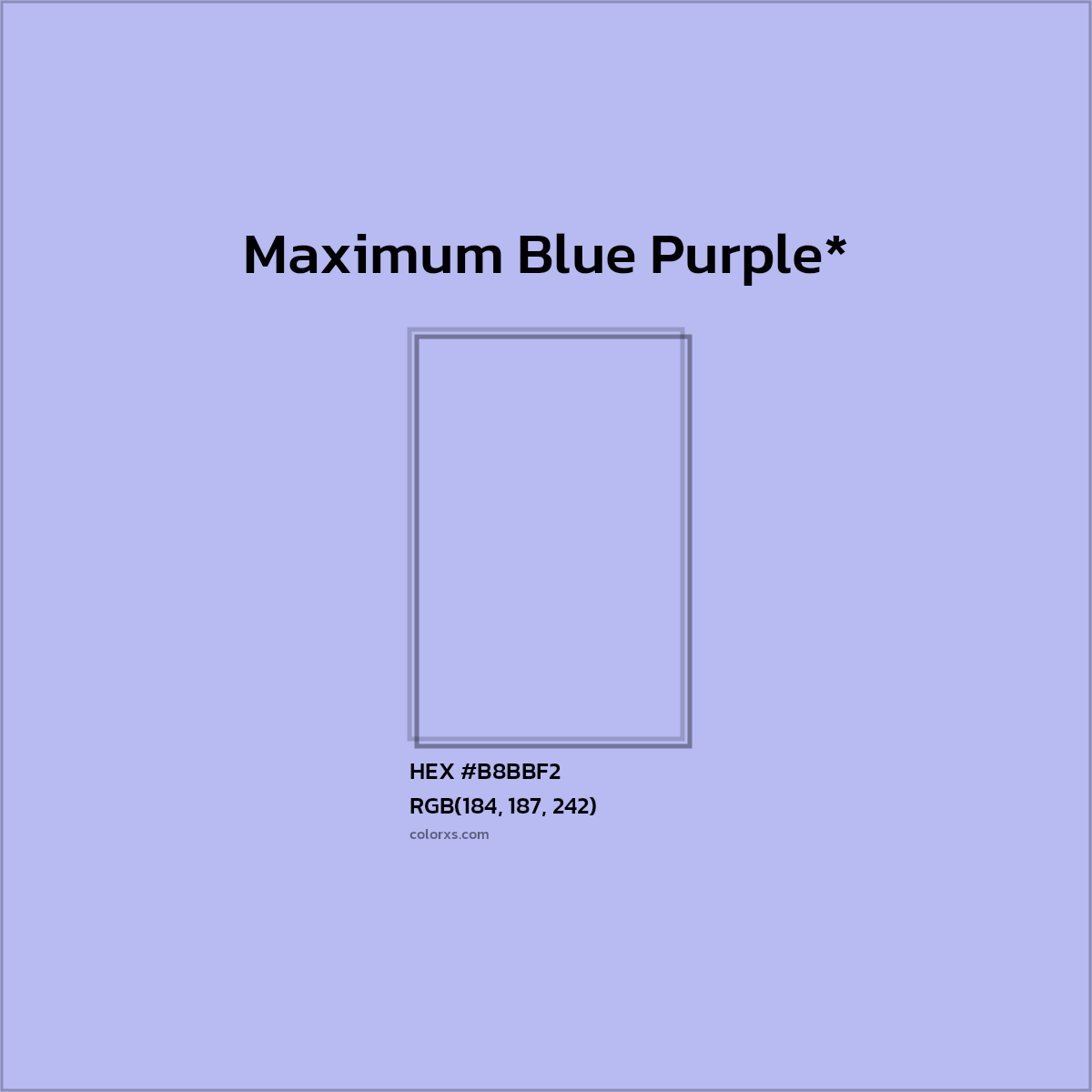 #B8BBF2 hex color. RGB, RYB, CMYK, HSL, HSV codes and color conversions. Matching color names, palettes, paints.