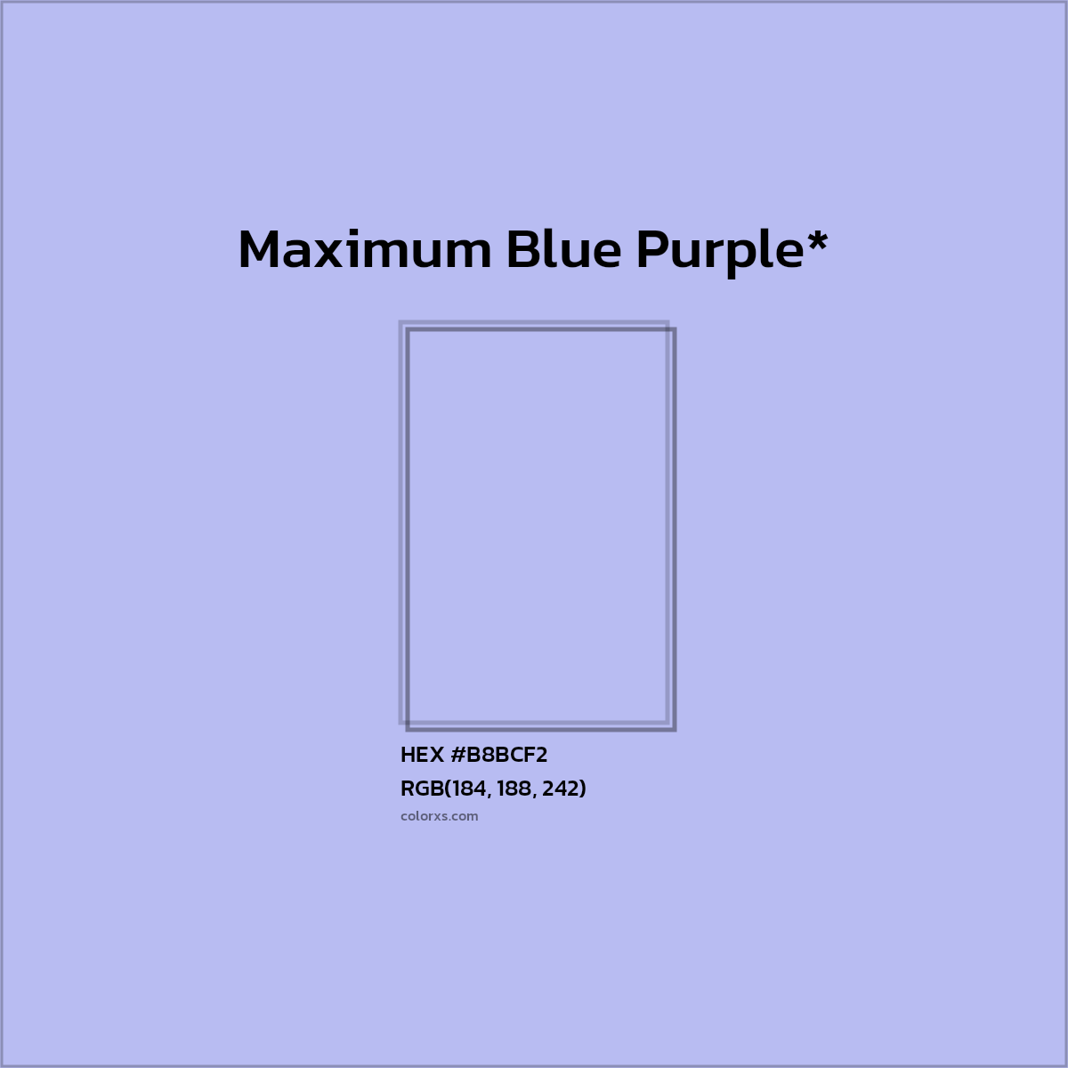 #B8BCF2 hex color. RGB, RYB, CMYK, HSL, HSV codes and color conversions. Matching color names, palettes, paints.