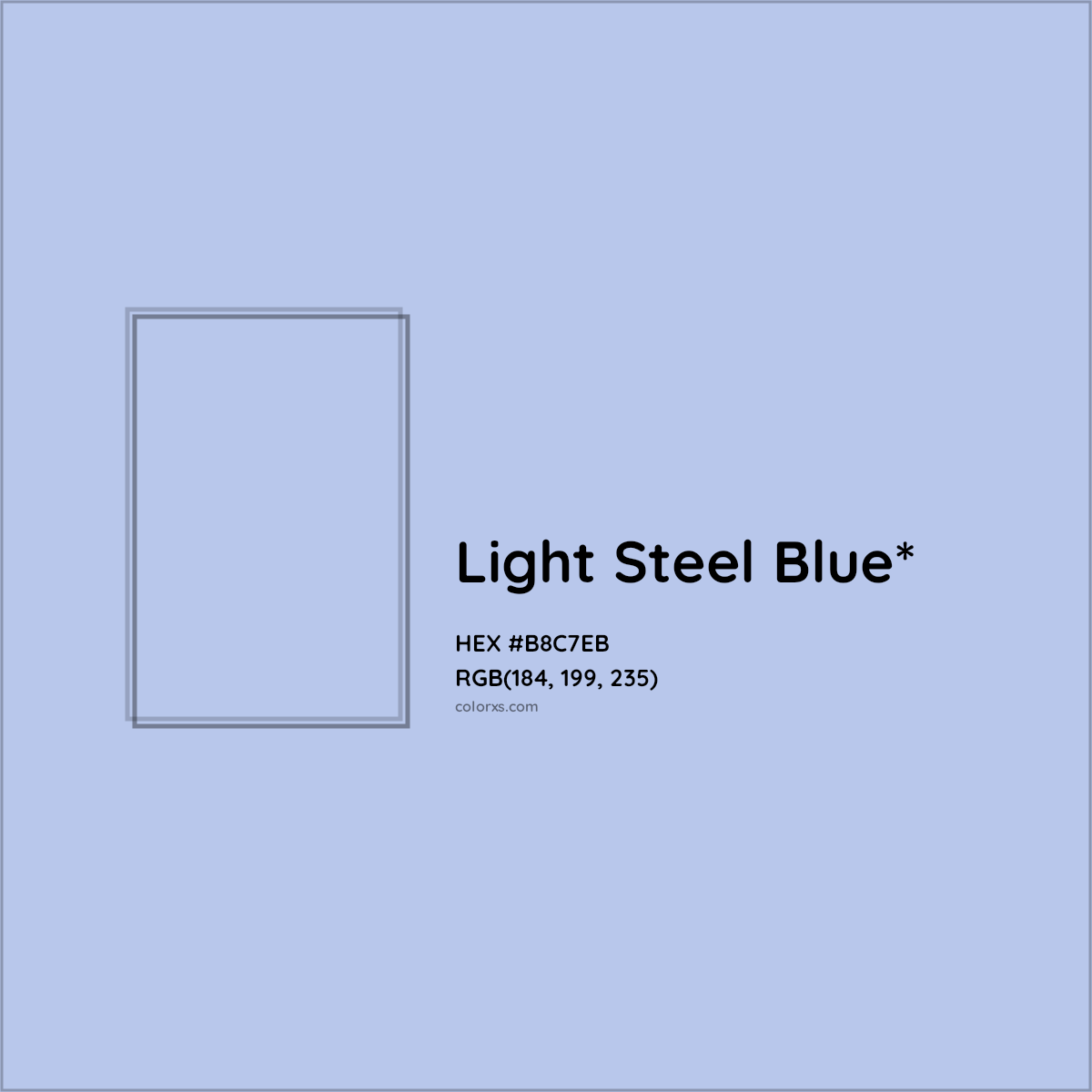 #B8C7EB hex color. RGB, RYB, CMYK, HSL, HSV codes and color conversions. Matching color names, palettes, paints.