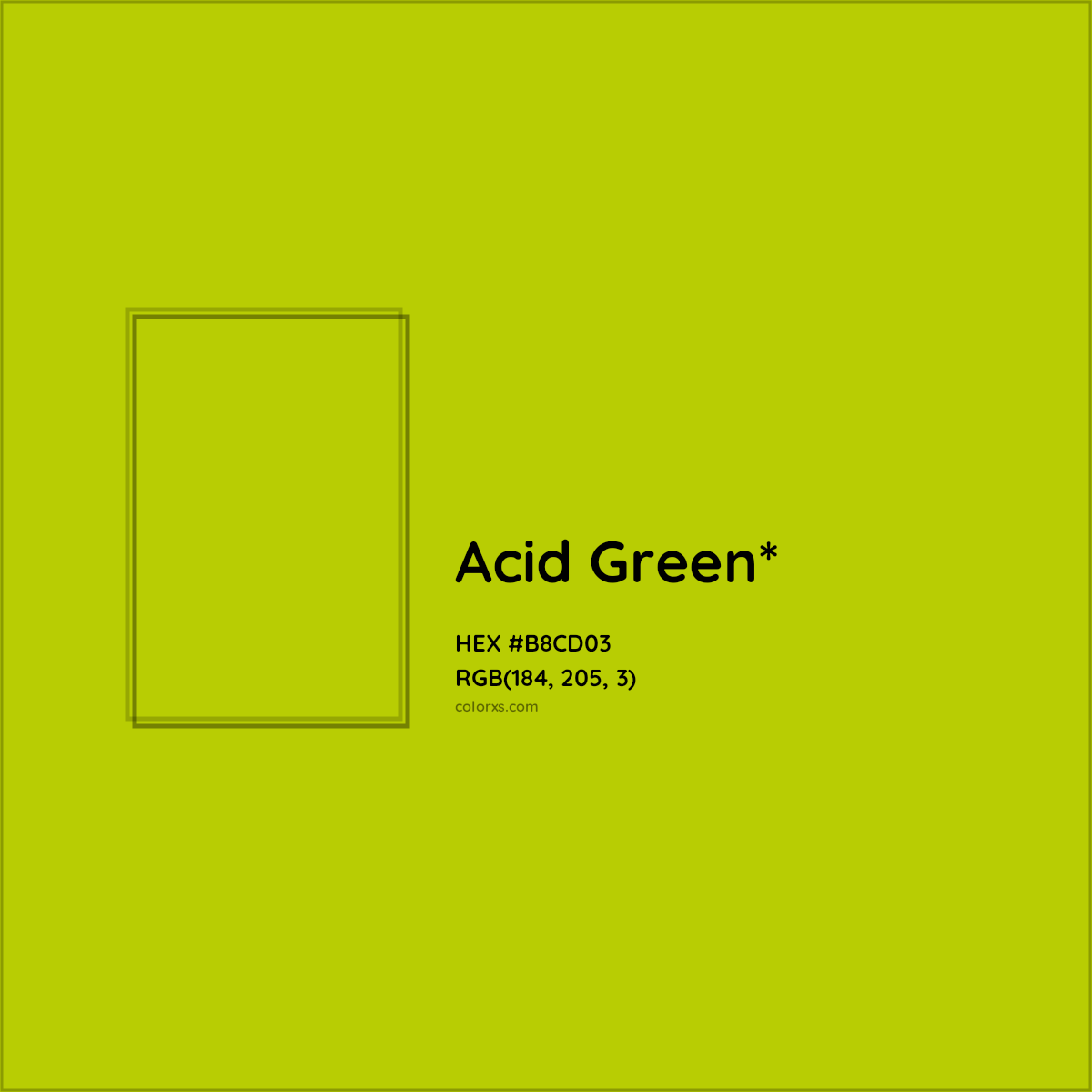 #B8CD03 hex color. RGB, RYB, CMYK, HSL, HSV codes and color conversions. Matching color names, palettes, paints.