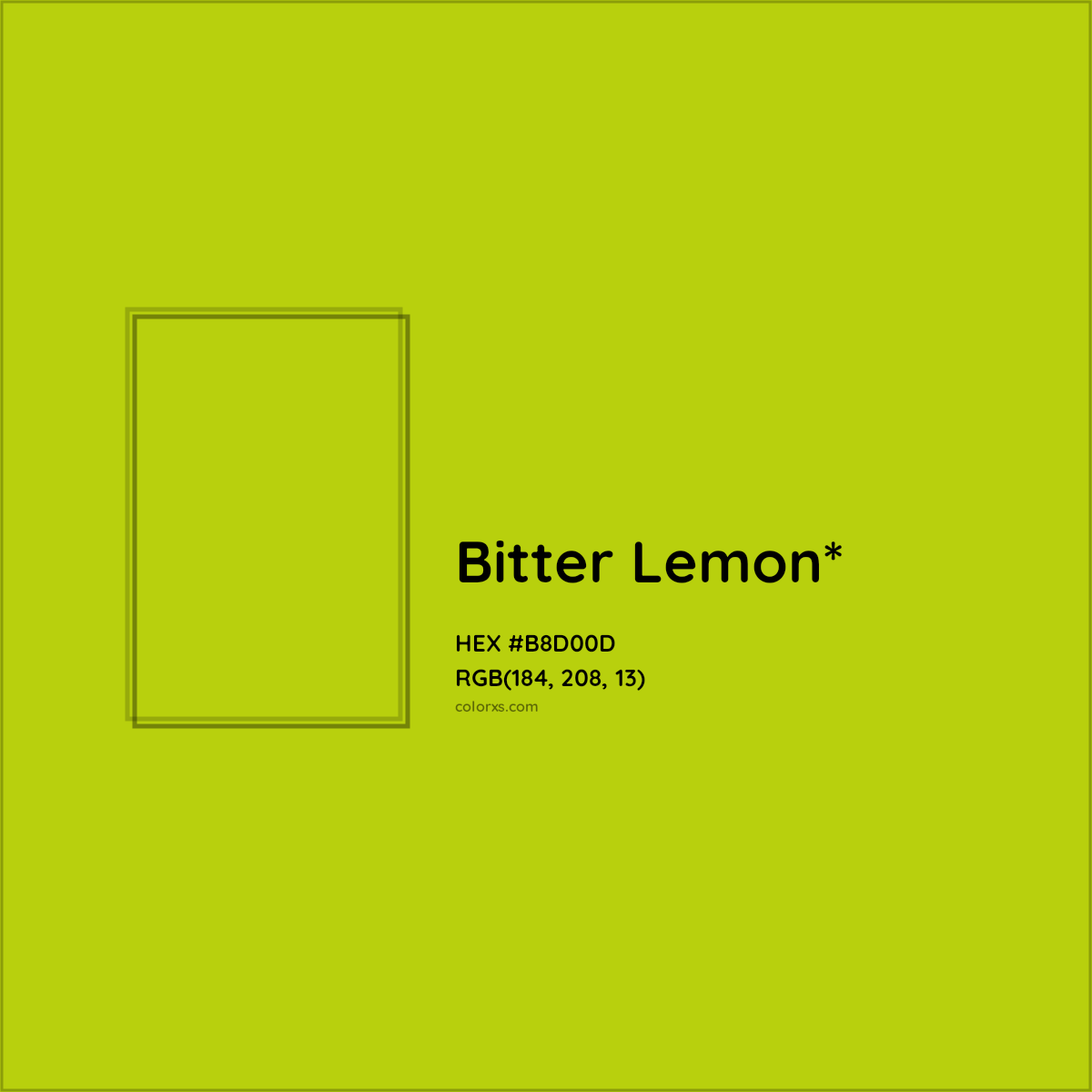 #B8D00D hex color. RGB, RYB, CMYK, HSL, HSV codes and color conversions. Matching color names, palettes, paints.