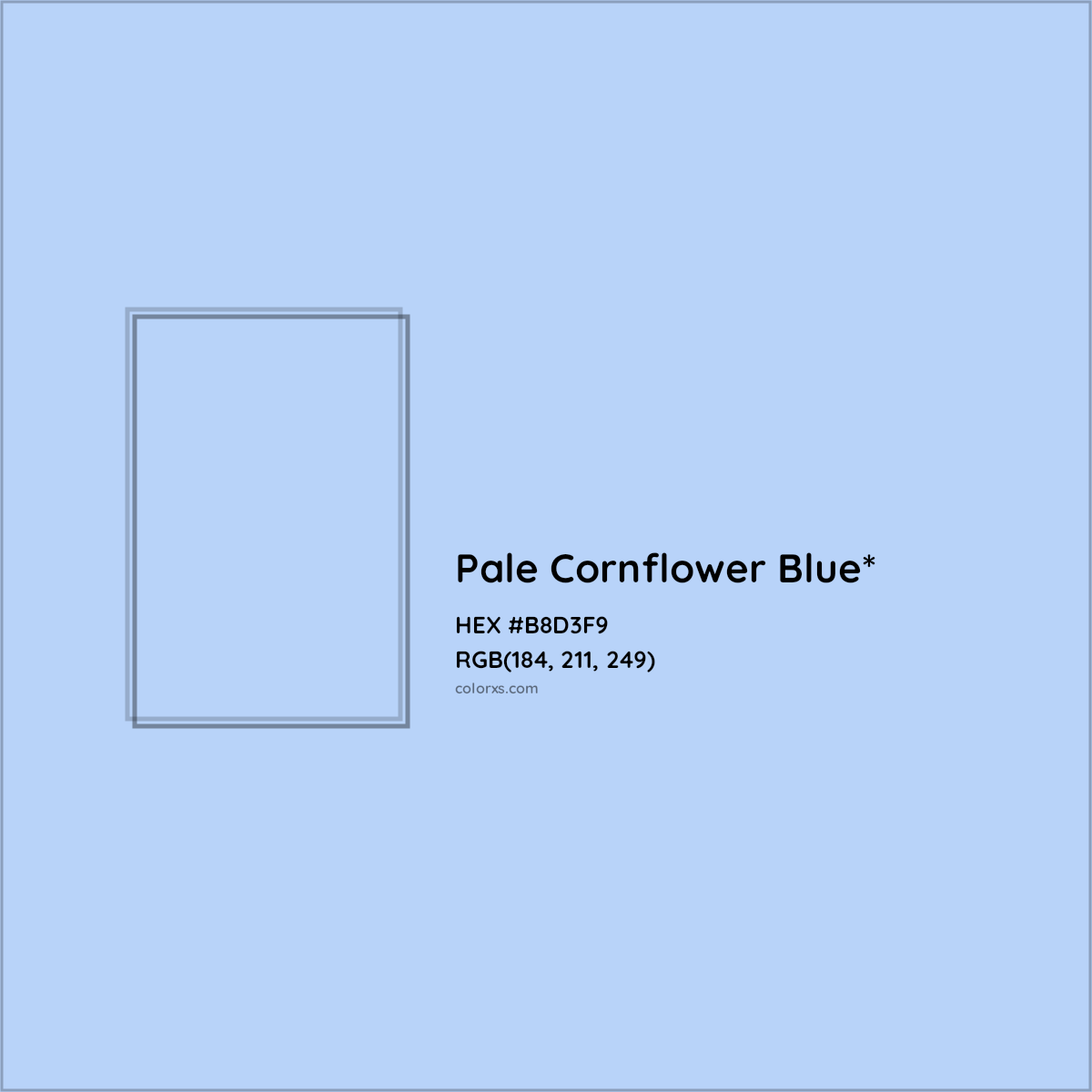 #B8D3F9 hex color. RGB, RYB, CMYK, HSL, HSV codes and color conversions. Matching color names, palettes, paints.