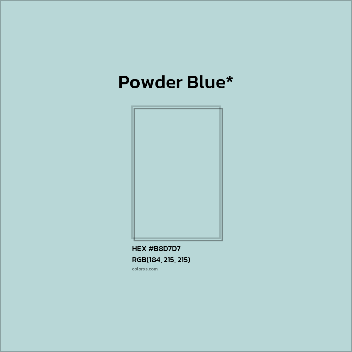 #B8D7D7 hex color. RGB, RYB, CMYK, HSL, HSV codes and color conversions. Matching color names, palettes, paints.
