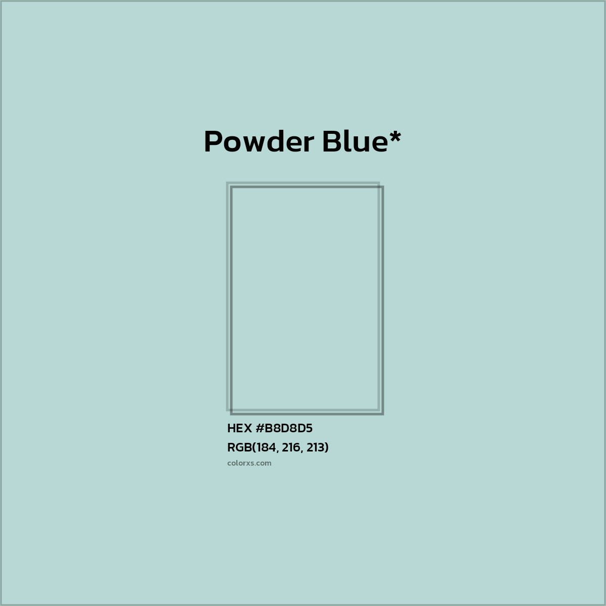 #B8D8D5 hex color. RGB, RYB, CMYK, HSL, HSV codes and color conversions. Matching color names, palettes, paints.