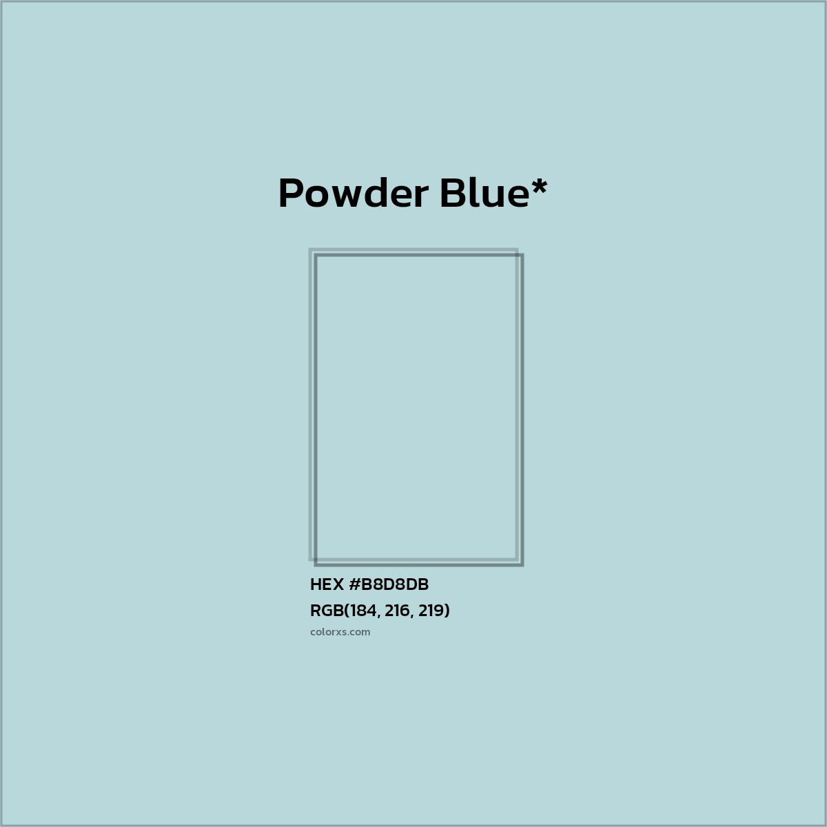 #B8D8DB hex color. RGB, RYB, CMYK, HSL, HSV codes and color conversions. Matching color names, palettes, paints.