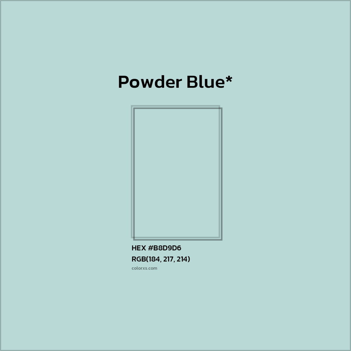 #B8D9D6 hex color. RGB, RYB, CMYK, HSL, HSV codes and color conversions. Matching color names, palettes, paints.