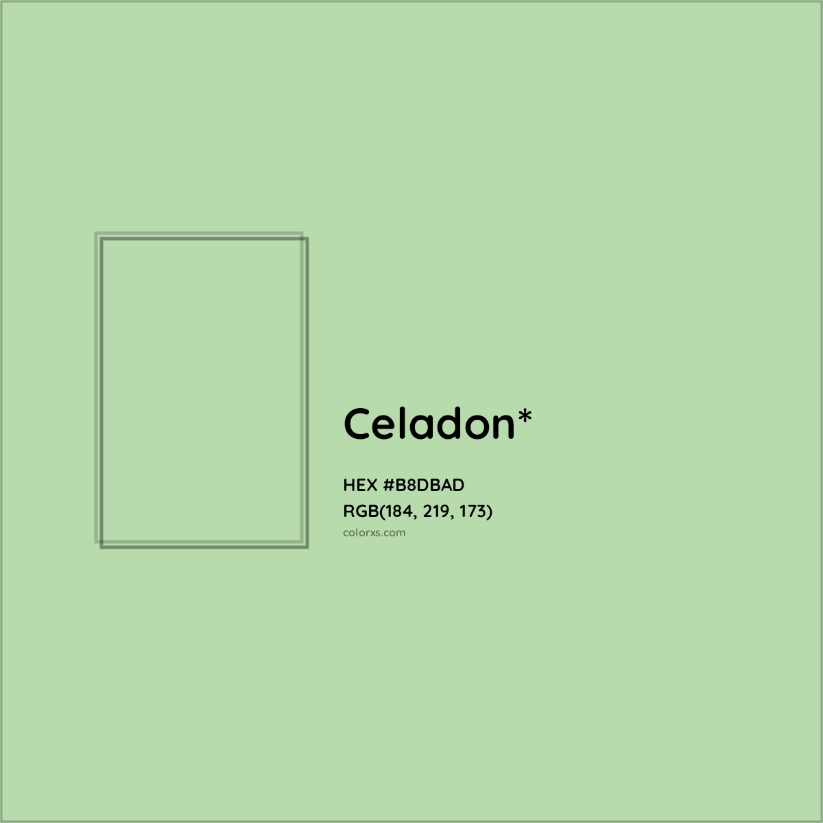 #B8DBAD hex color. RGB, RYB, CMYK, HSL, HSV codes and color conversions. Matching color names, palettes, paints.