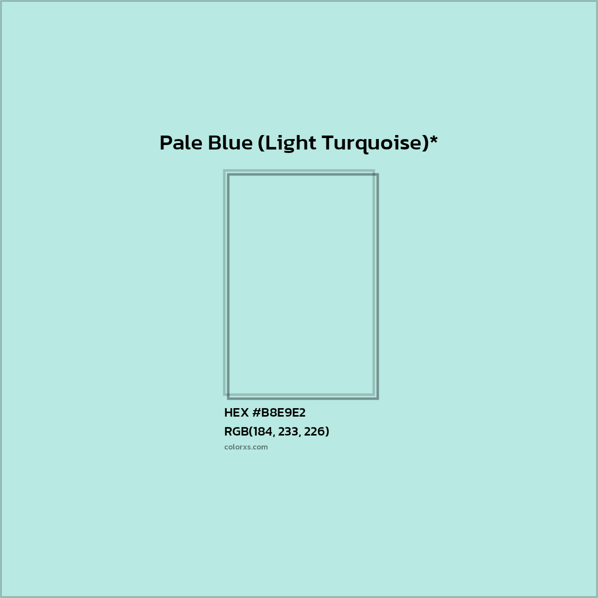 #B8E9E2 hex color. RGB, RYB, CMYK, HSL, HSV codes and color conversions. Matching color names, palettes, paints.