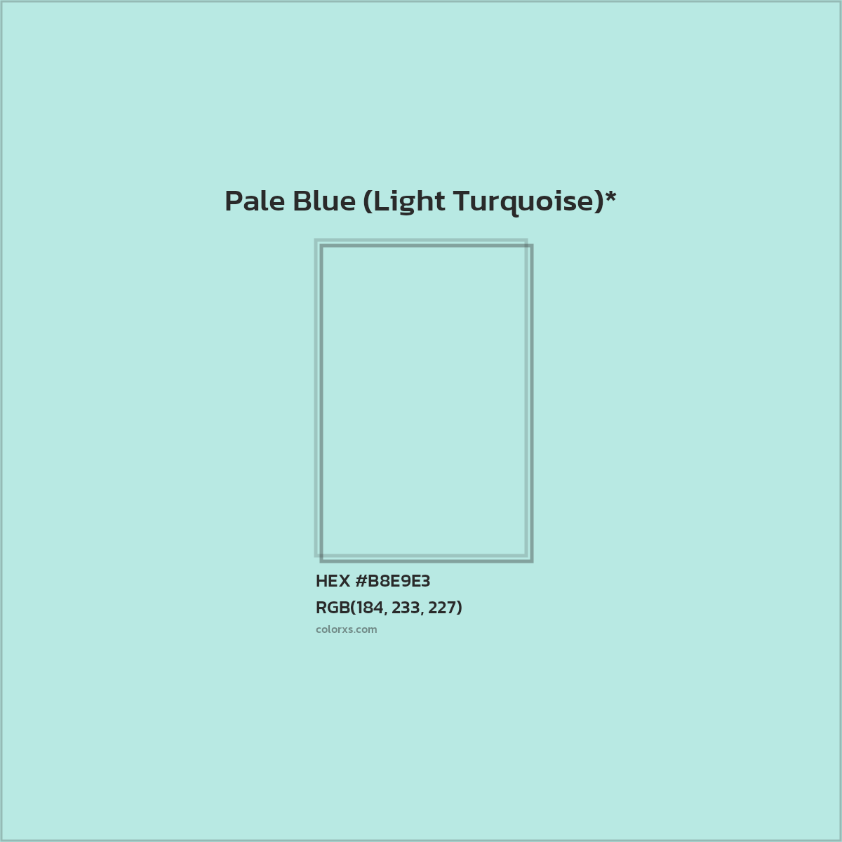 #B8E9E3 hex color. RGB, RYB, CMYK, HSL, HSV codes and color conversions. Matching color names, palettes, paints.