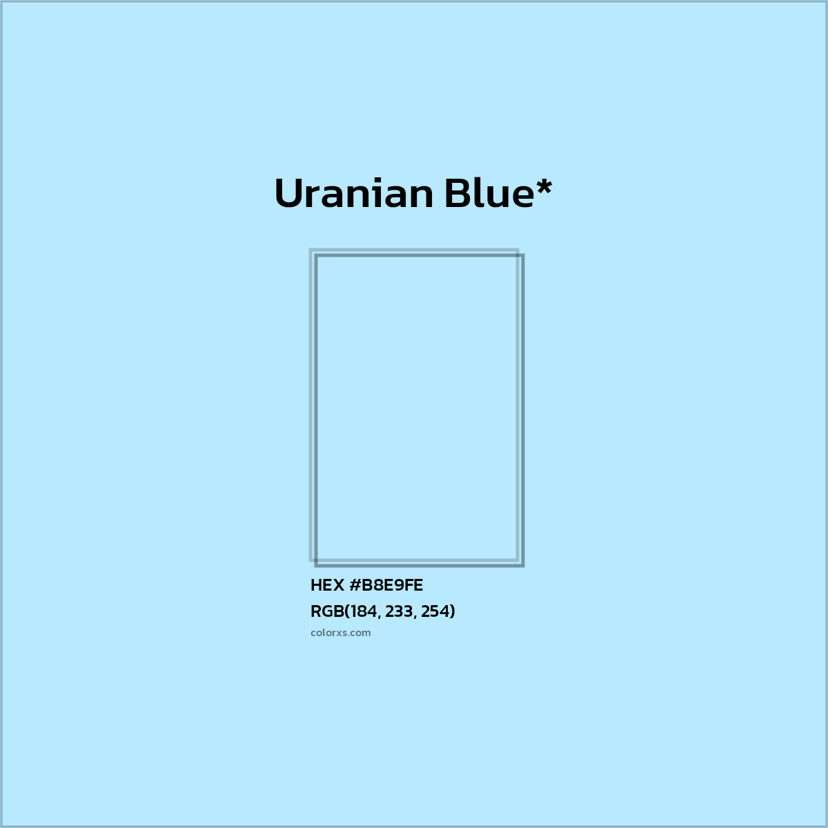 #B8E9FE hex color. RGB, RYB, CMYK, HSL, HSV codes and color conversions. Matching color names, palettes, paints.