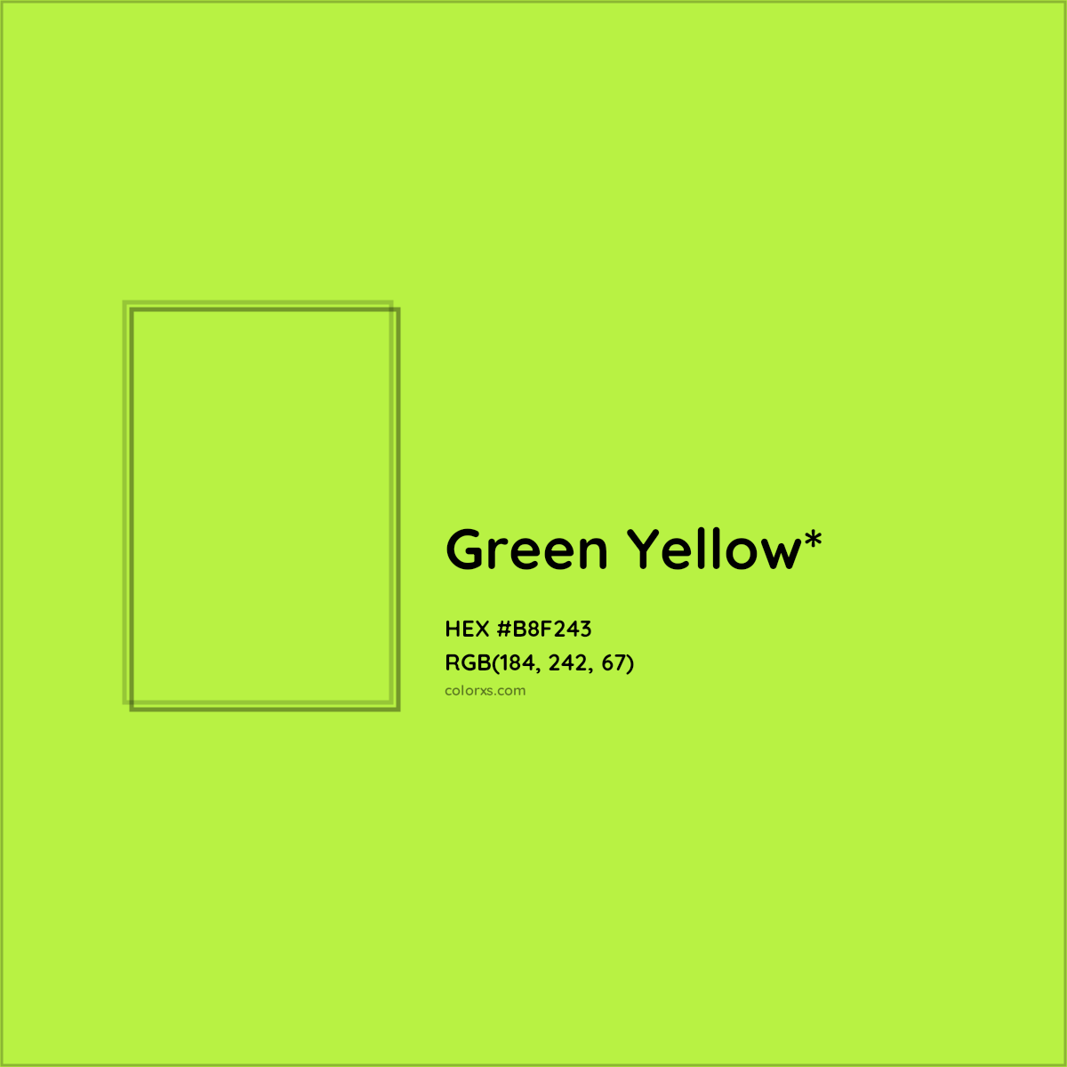 #B8F243 hex color. RGB, RYB, CMYK, HSL, HSV codes and color conversions. Matching color names, palettes, paints.