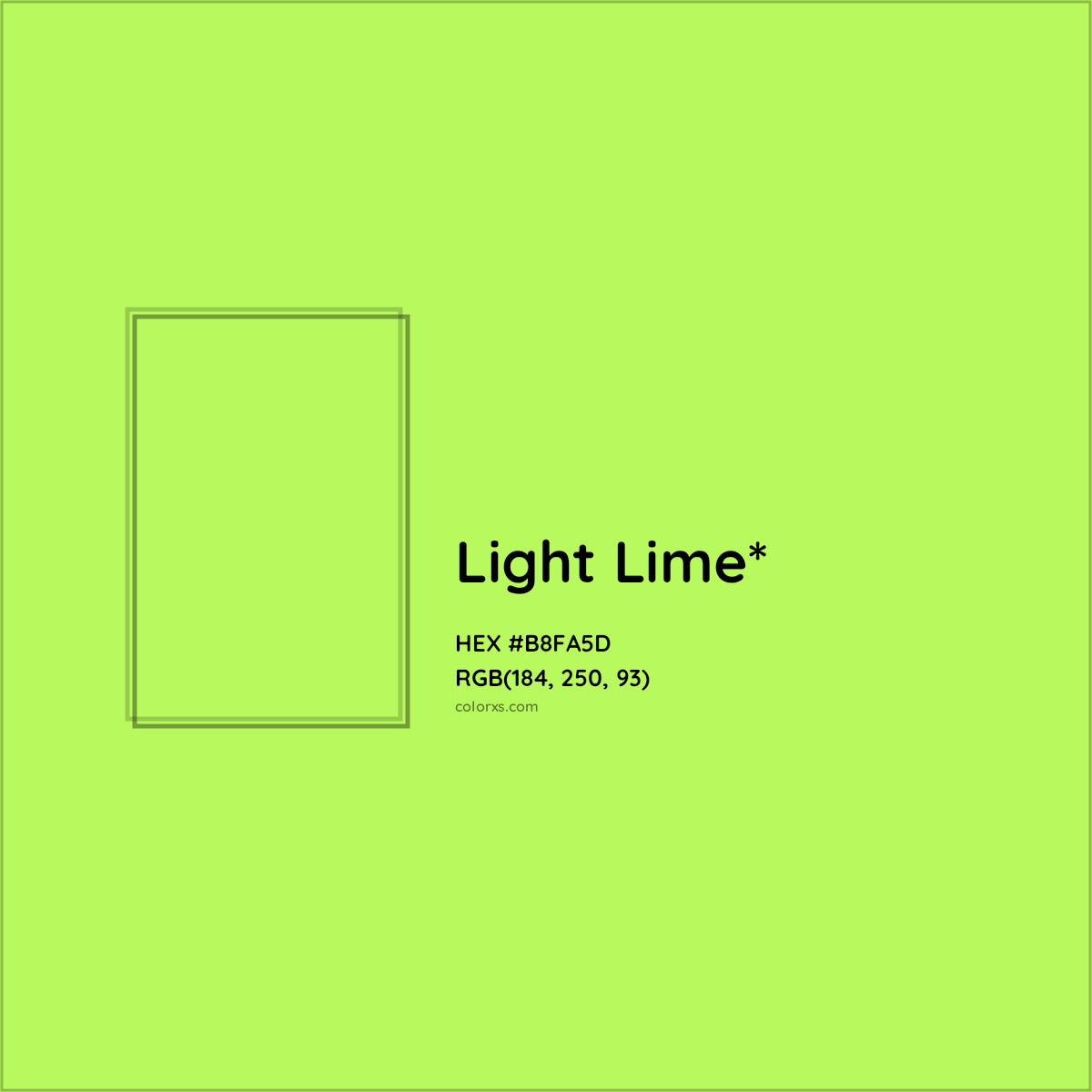 #B8FA5D hex color. RGB, RYB, CMYK, HSL, HSV codes and color conversions. Matching color names, palettes, paints.