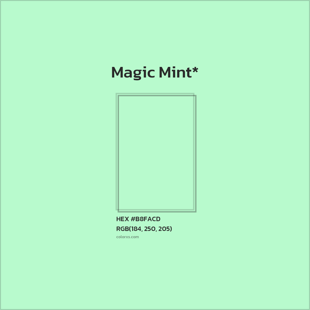 #B8FACD hex color. RGB, RYB, CMYK, HSL, HSV codes and color conversions. Matching color names, palettes, paints.