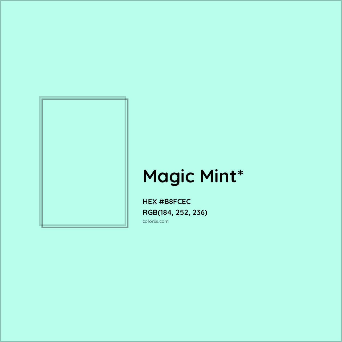 #B8FCEC hex color. RGB, RYB, CMYK, HSL, HSV codes and color conversions. Matching color names, palettes, paints.