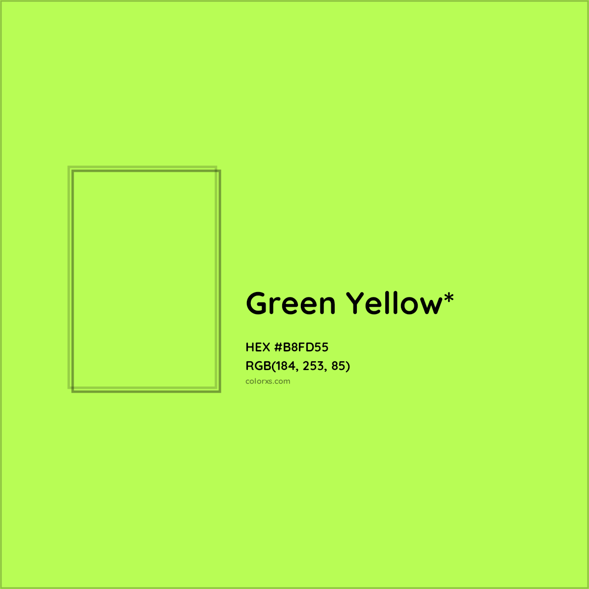 #B8FD55 hex color. RGB, RYB, CMYK, HSL, HSV codes and color conversions. Matching color names, palettes, paints.