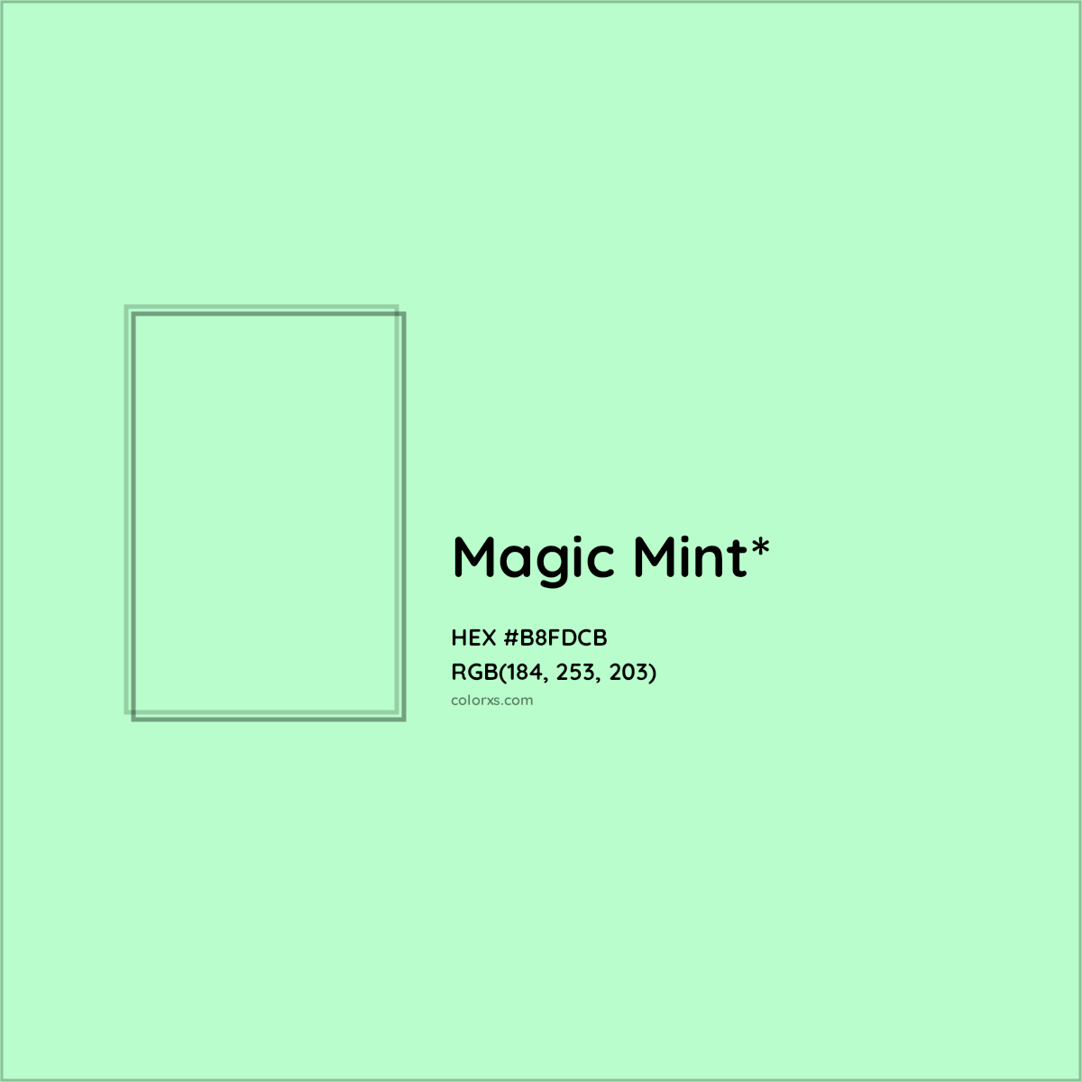 #B8FDCB hex color. RGB, RYB, CMYK, HSL, HSV codes and color conversions. Matching color names, palettes, paints.