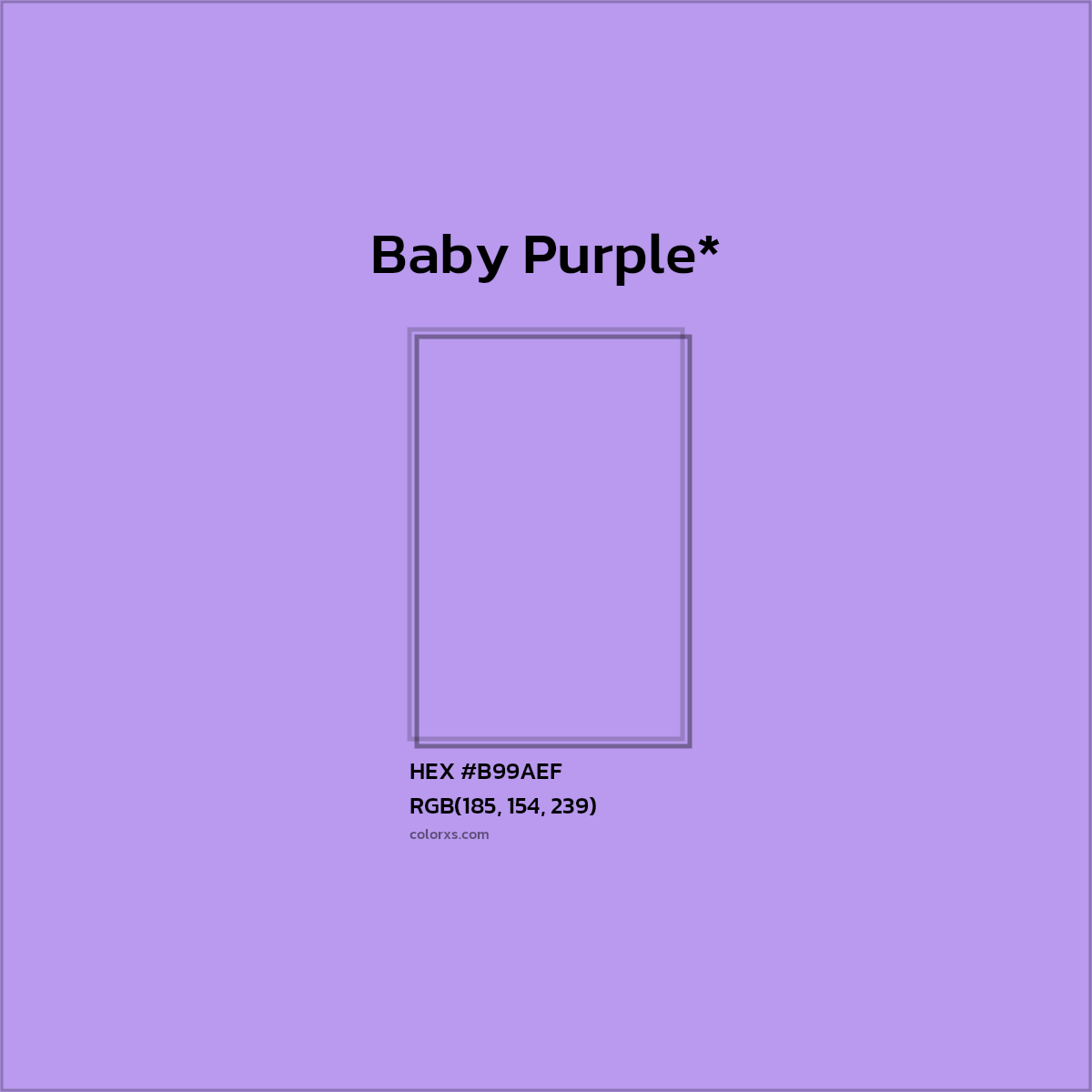 #B99AEF hex color. RGB, RYB, CMYK, HSL, HSV codes and color conversions. Matching color names, palettes, paints.