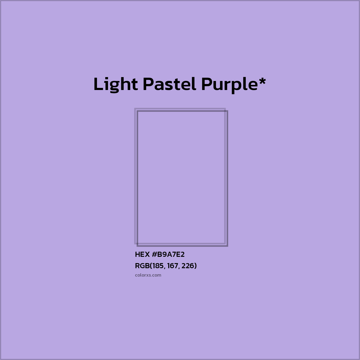 #B9A7E2 hex color. RGB, RYB, CMYK, HSL, HSV codes and color conversions. Matching color names, palettes, paints.