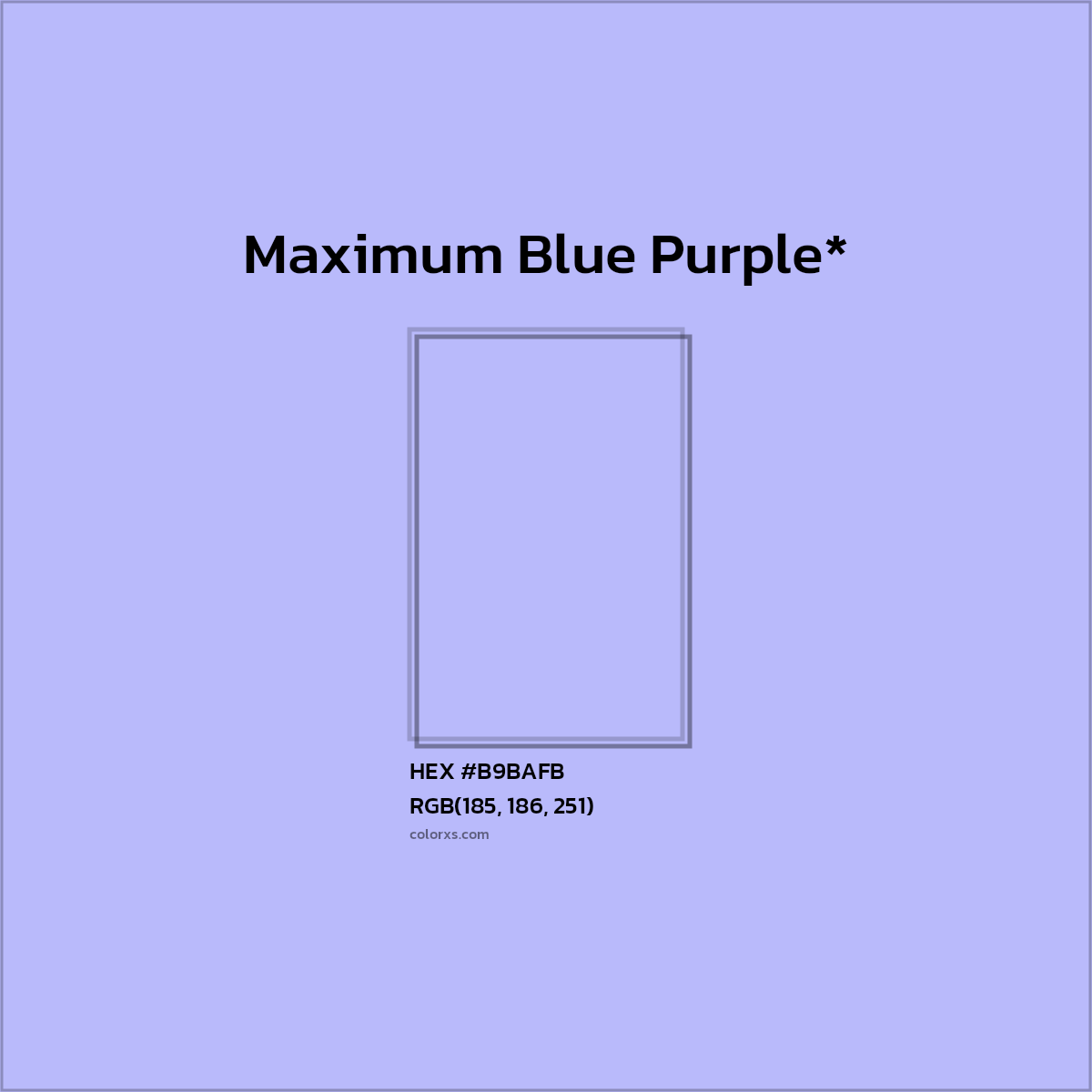 #B9BAFB hex color. RGB, RYB, CMYK, HSL, HSV codes and color conversions. Matching color names, palettes, paints.