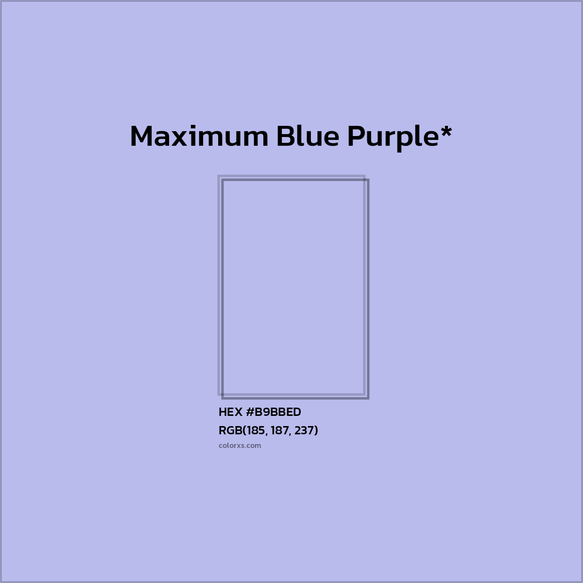 #B9BBED hex color. RGB, RYB, CMYK, HSL, HSV codes and color conversions. Matching color names, palettes, paints.
