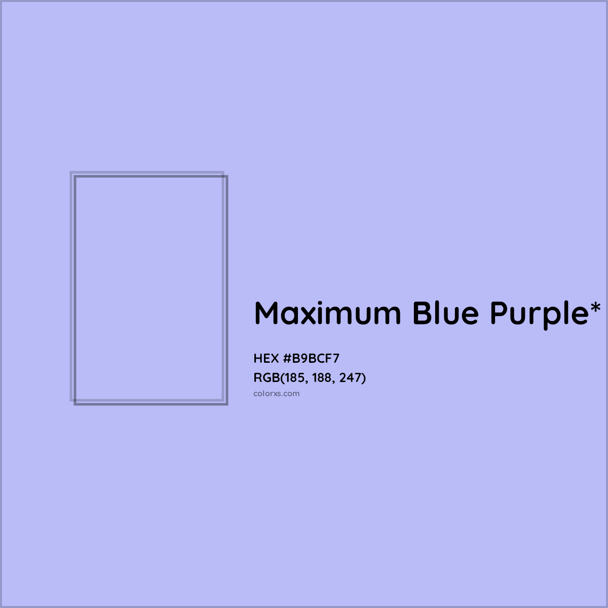 #B9BCF7 hex color. RGB, RYB, CMYK, HSL, HSV codes and color conversions. Matching color names, palettes, paints.