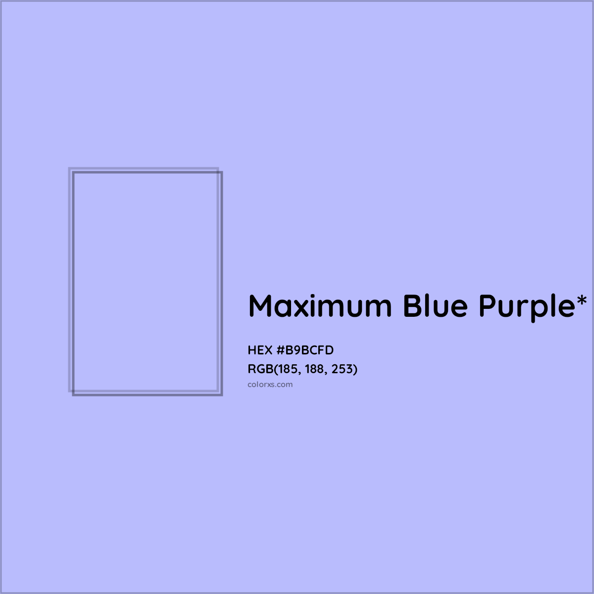 #B9BCFD hex color. RGB, RYB, CMYK, HSL, HSV codes and color conversions. Matching color names, palettes, paints.