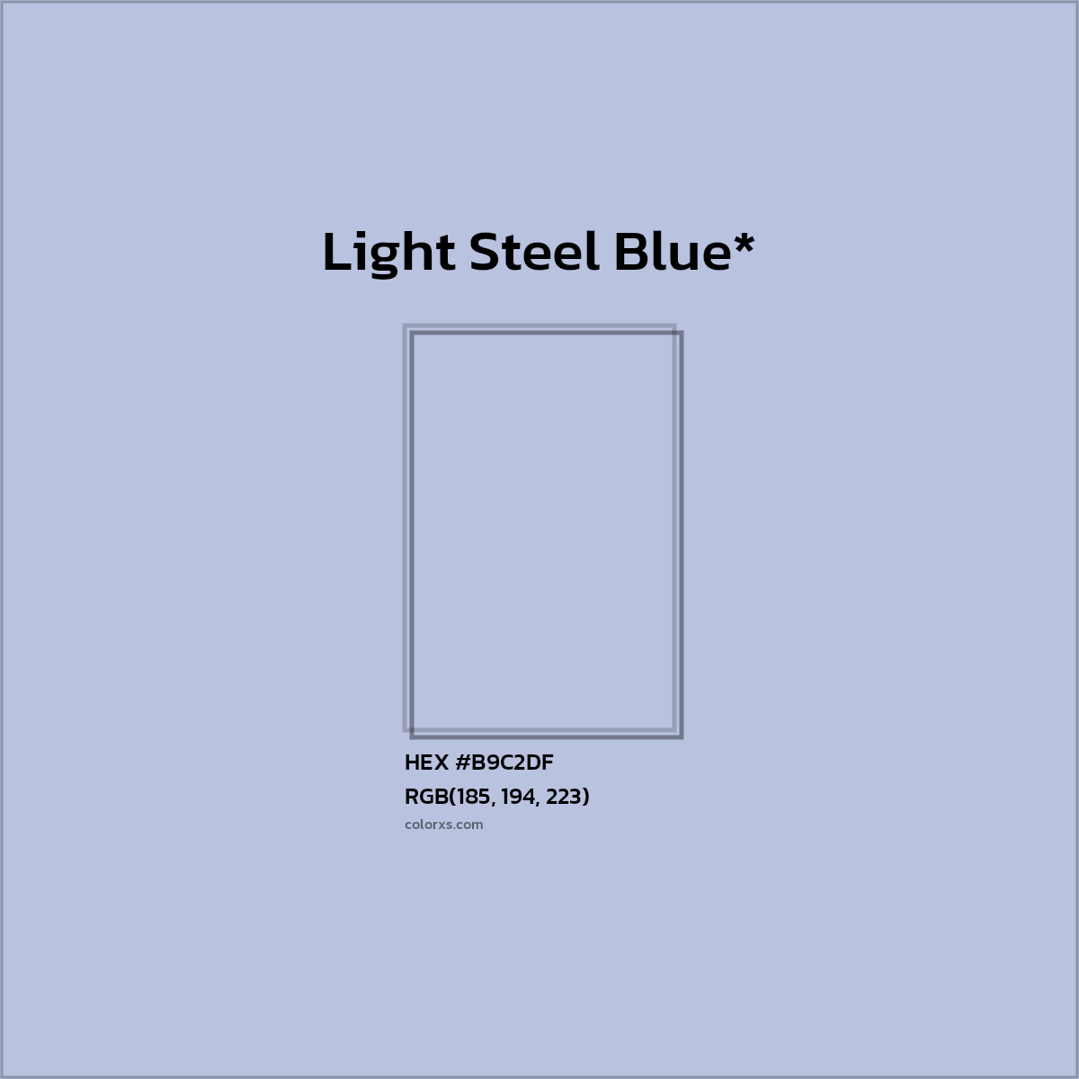 #B9C2DF hex color. RGB, RYB, CMYK, HSL, HSV codes and color conversions. Matching color names, palettes, paints.