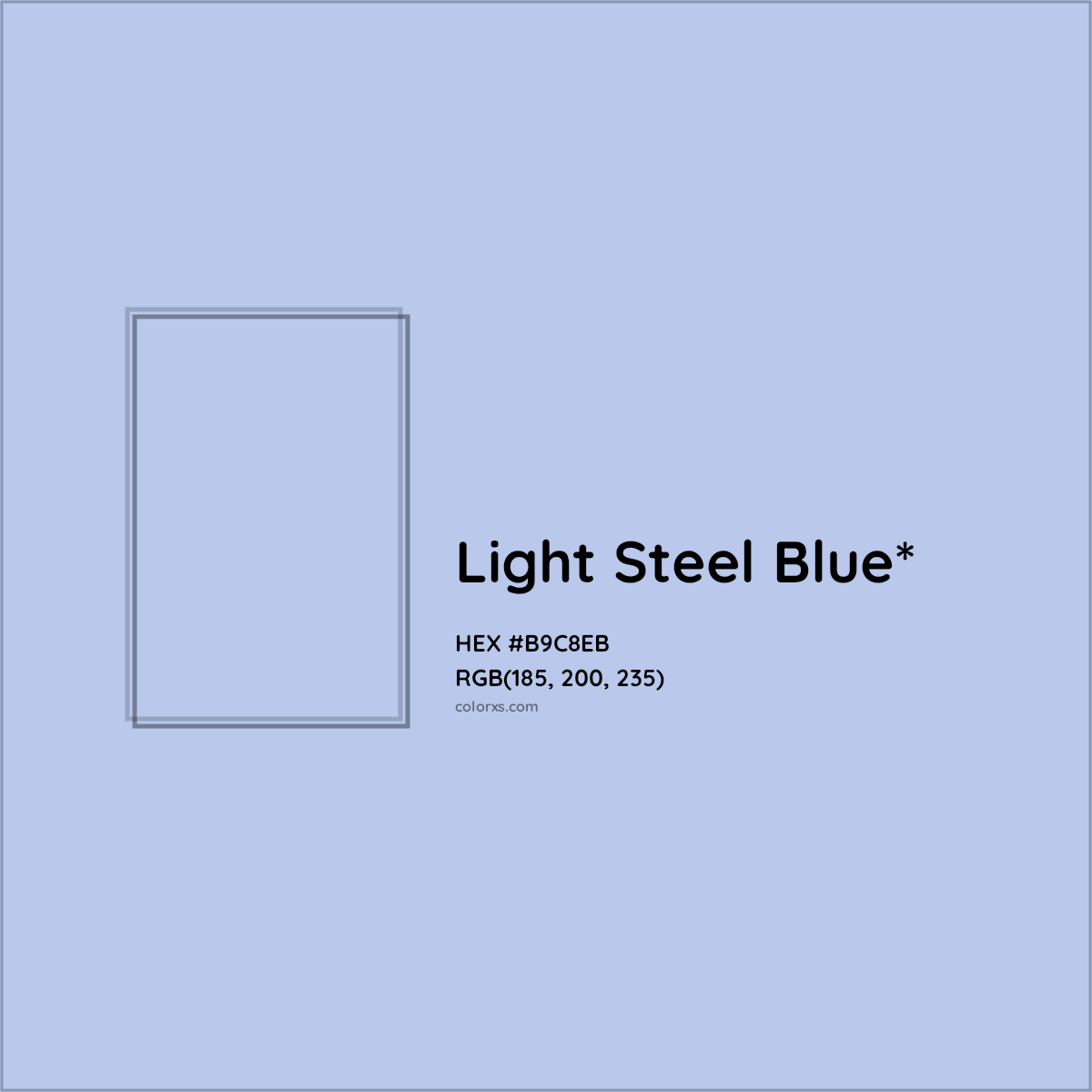 #B9C8EB hex color. RGB, RYB, CMYK, HSL, HSV codes and color conversions. Matching color names, palettes, paints.